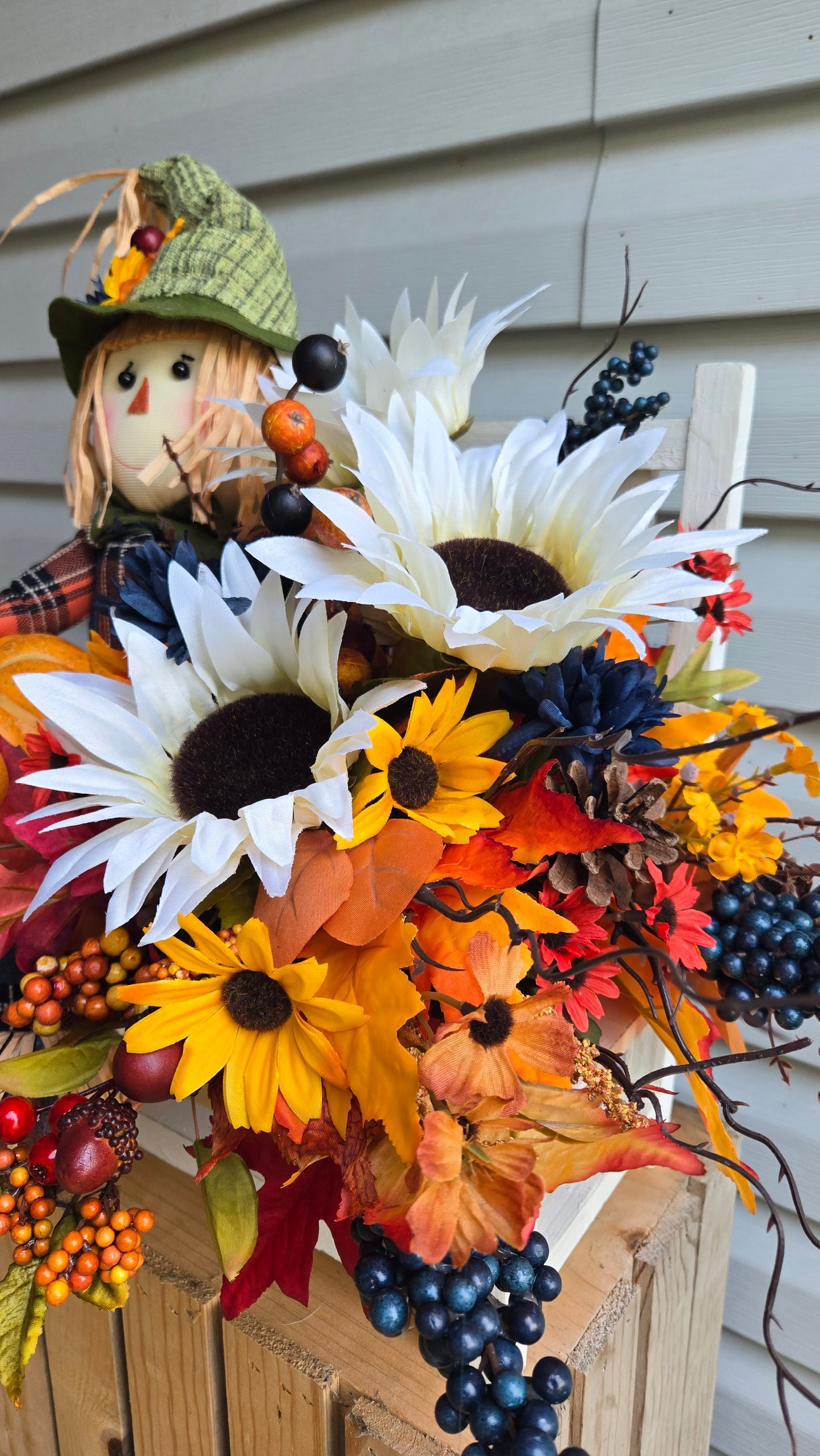 Fall Scarecrow Centerpiece with Sunflowers & Pumpkins – Autumn Table Decor, Bench Sitting Scarecrow, Thanksgiving Floral Arrangement