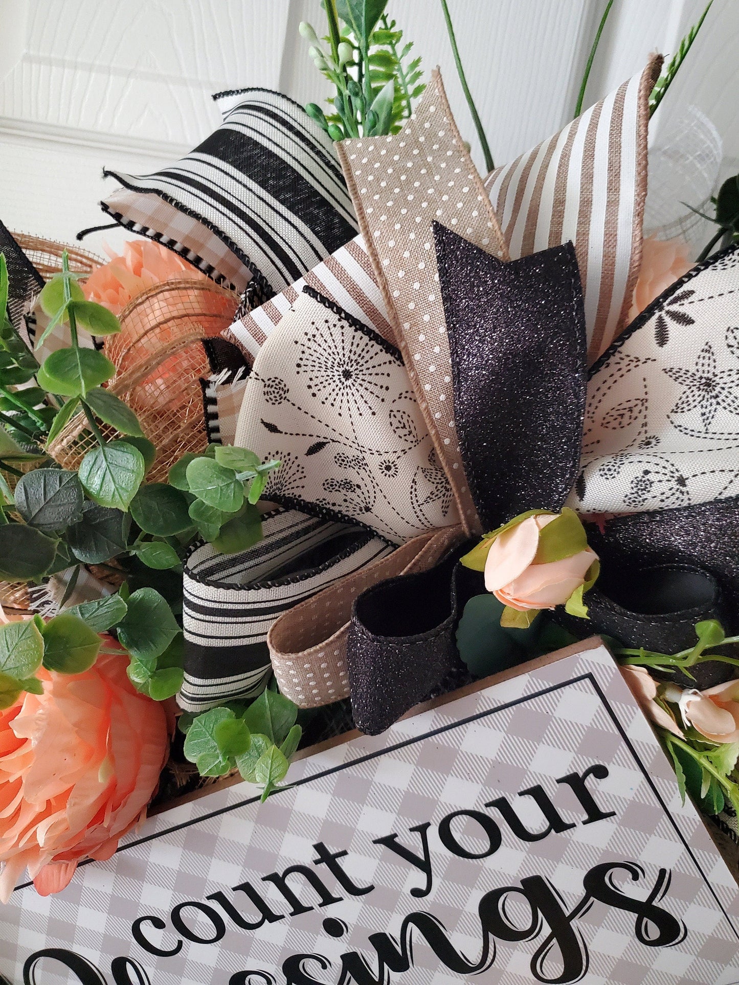 Everyday Peach Peony Buffalo Plaid Front Door Wreath - Farmhouse style Stuffs n Things by JD