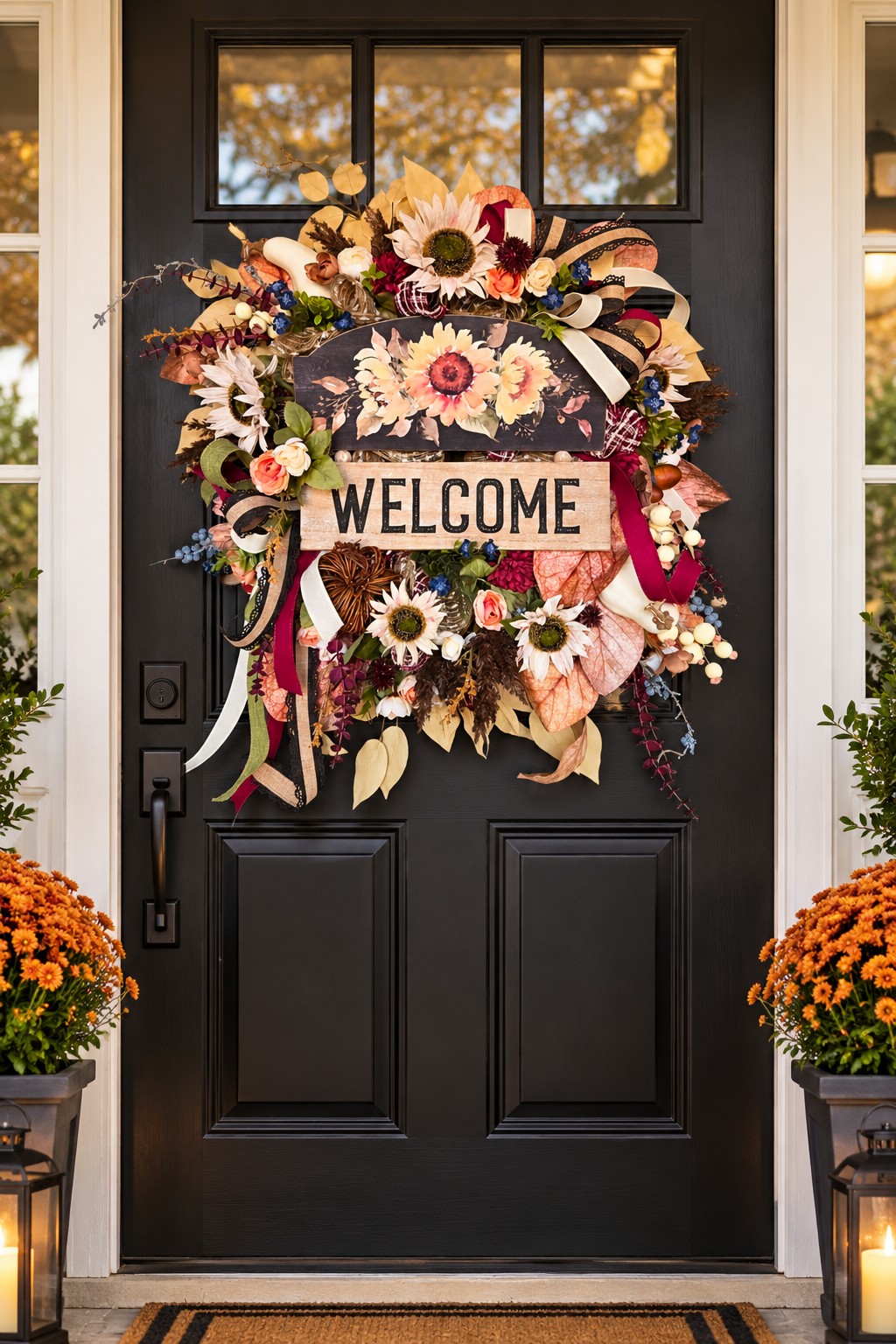 Fall Welcome Wreath with Sunflowers & Grapevine Pumpkin - Rustic Thanksgiving Farmhouse Front Door Décor