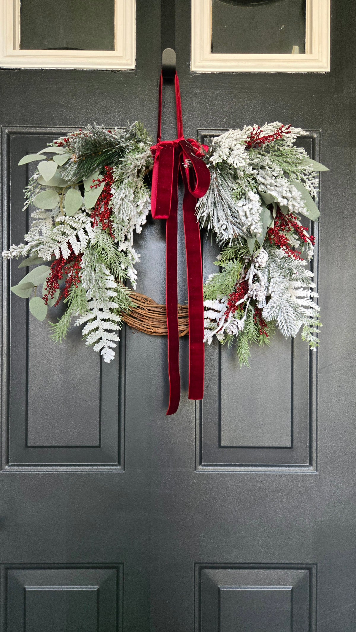 Winter Wreath with Burgundy Velvet Bow, Frosted Christmas Wreath, Snowy Evergreen Grapevine Wreath, Window or Mantle Decor