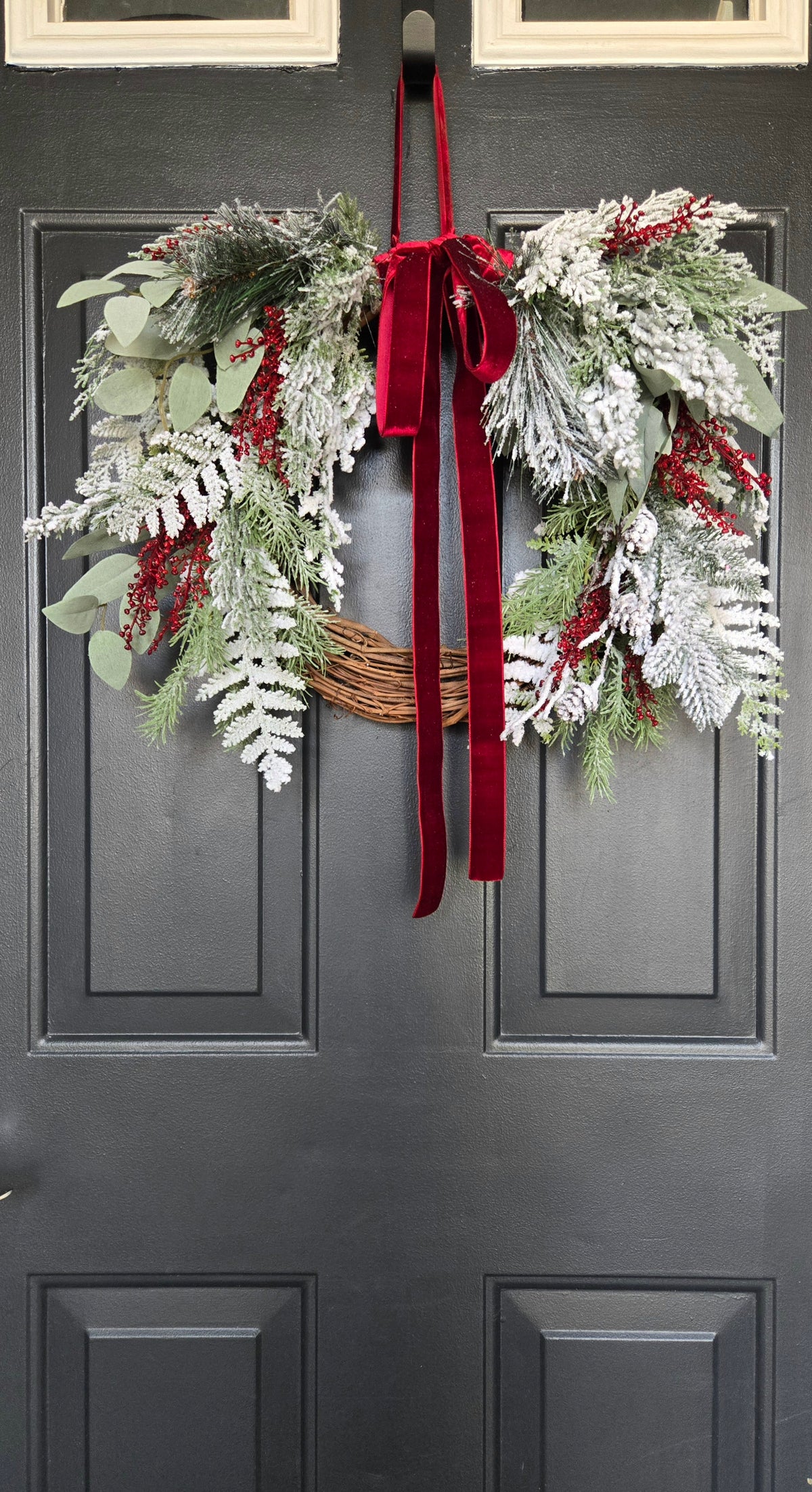 Winter Wreath with Burgundy Velvet Bow, Frosted Christmas Wreath, Snowy Evergreen Grapevine Wreath, Window or Mantle Decor