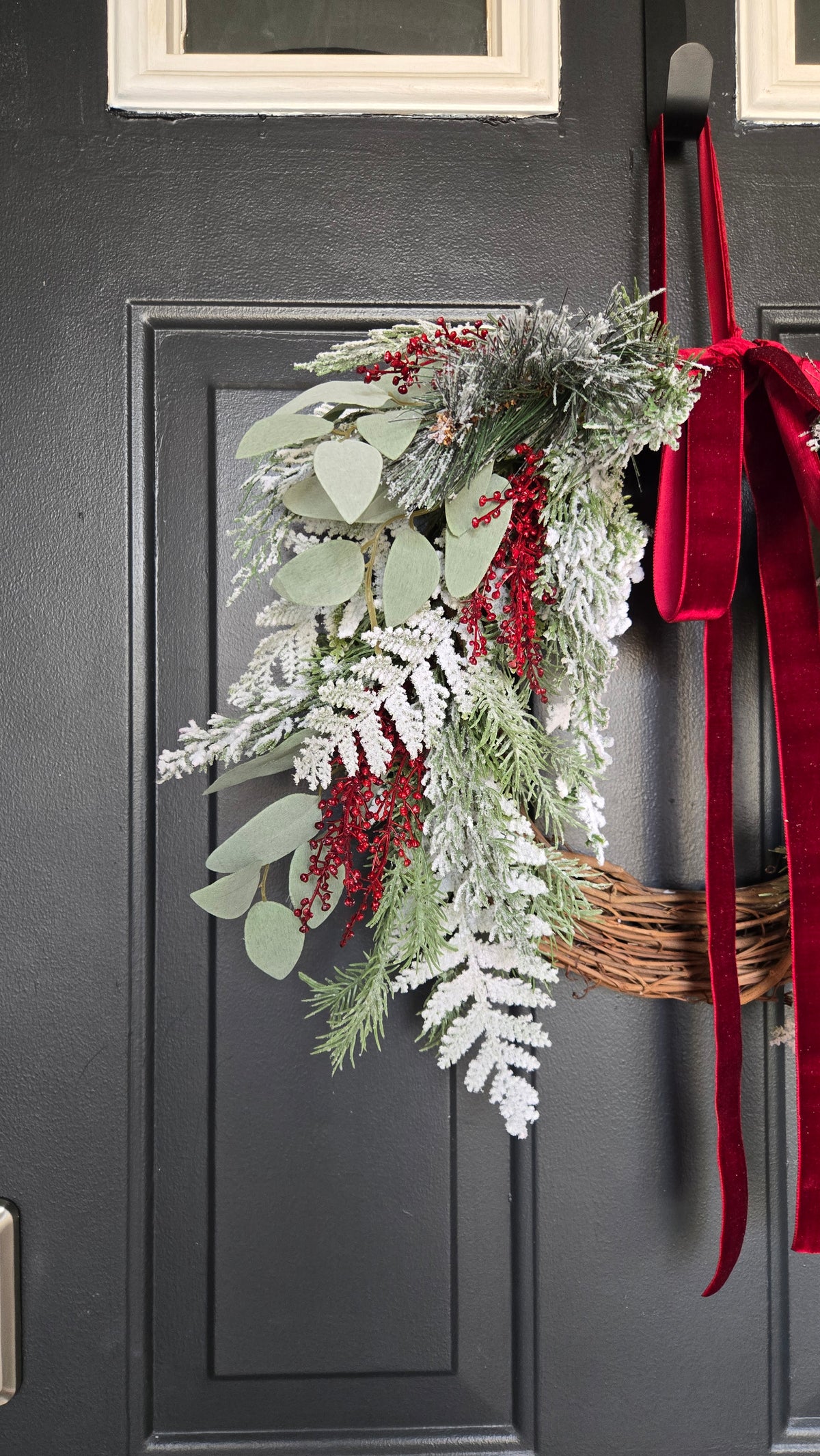 Winter Wreath with Burgundy Velvet Bow, Frosted Christmas Wreath, Snowy Evergreen Grapevine Wreath, Window or Mantle Decor
