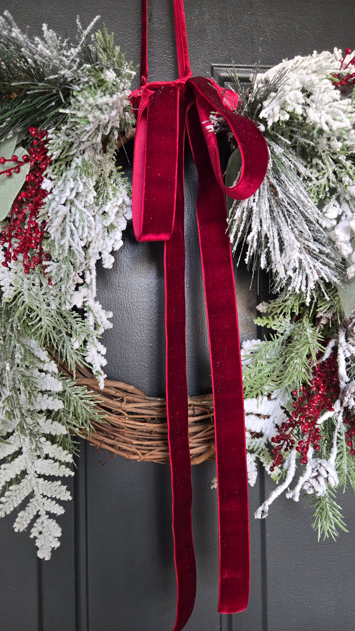 Winter Wreath with Burgundy Velvet Bow, Frosted Christmas Wreath, Snowy Evergreen Grapevine Wreath, Window or Mantle Decor