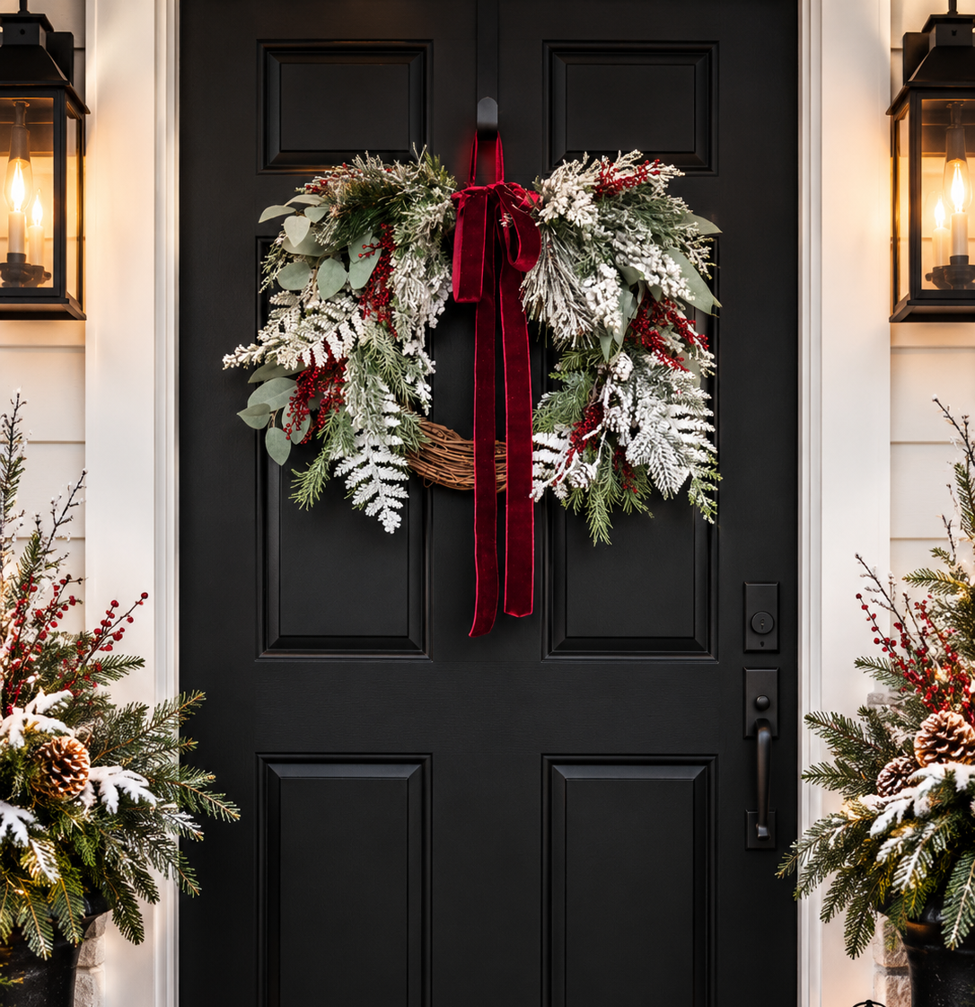 Winter Wreath with Burgundy Velvet Bow, Frosted Christmas Wreath, Snowy Evergreen Grapevine Wreath, Window or Mantle Decor