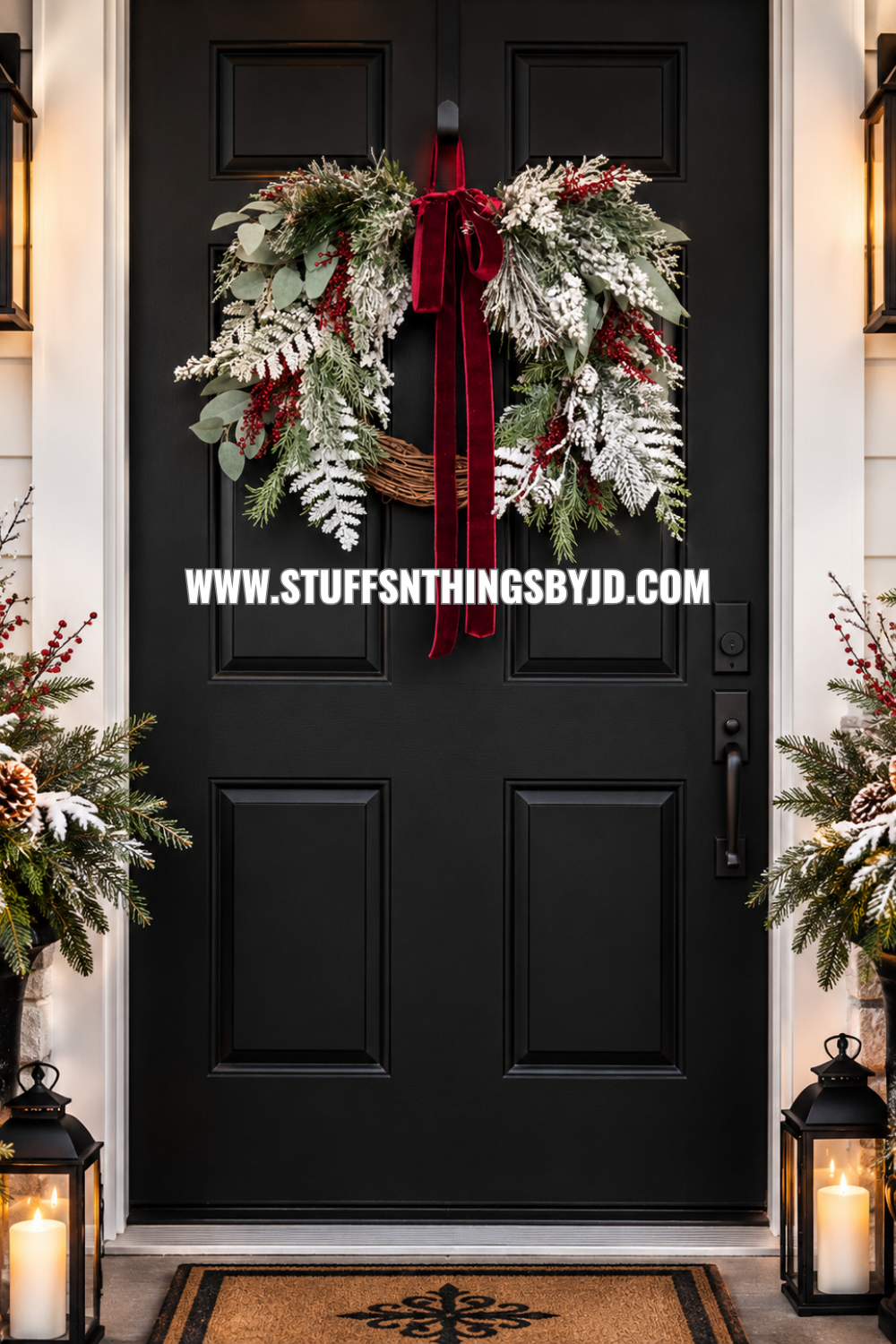 Winter Wreath with Burgundy Velvet Bow, Frosted Christmas Wreath, Snowy Evergreen Grapevine Wreath, Window or Mantle Decor