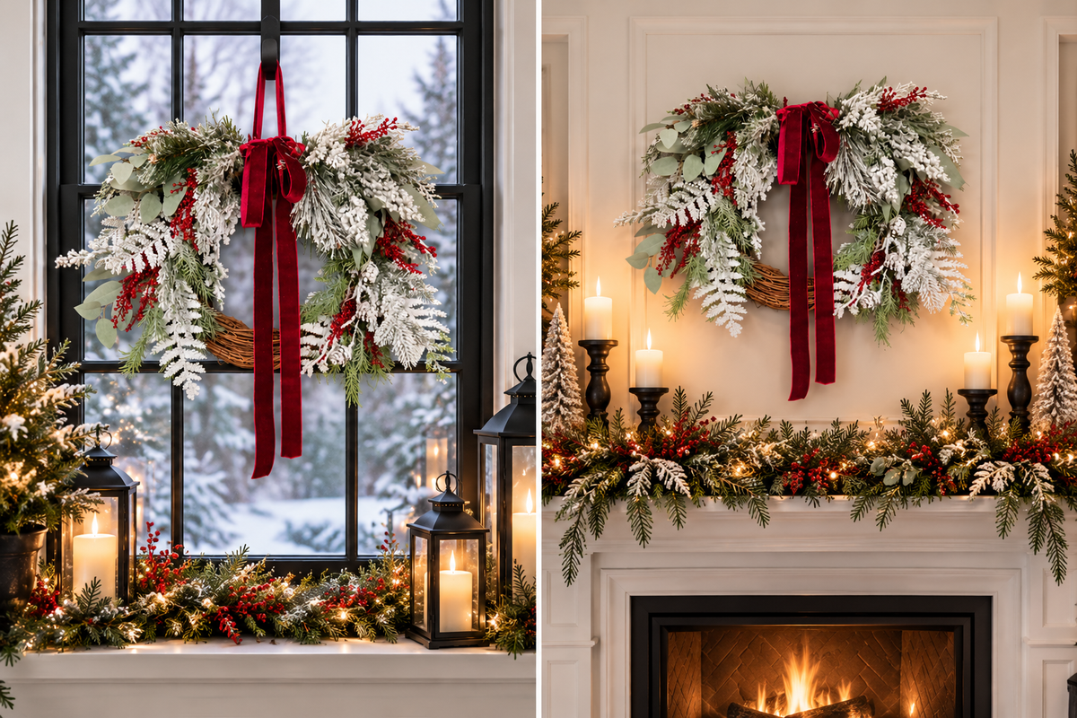 Winter Wreath with Burgundy Velvet Bow, Frosted Christmas Wreath, Snowy Evergreen Grapevine Wreath, Window or Mantle Decor