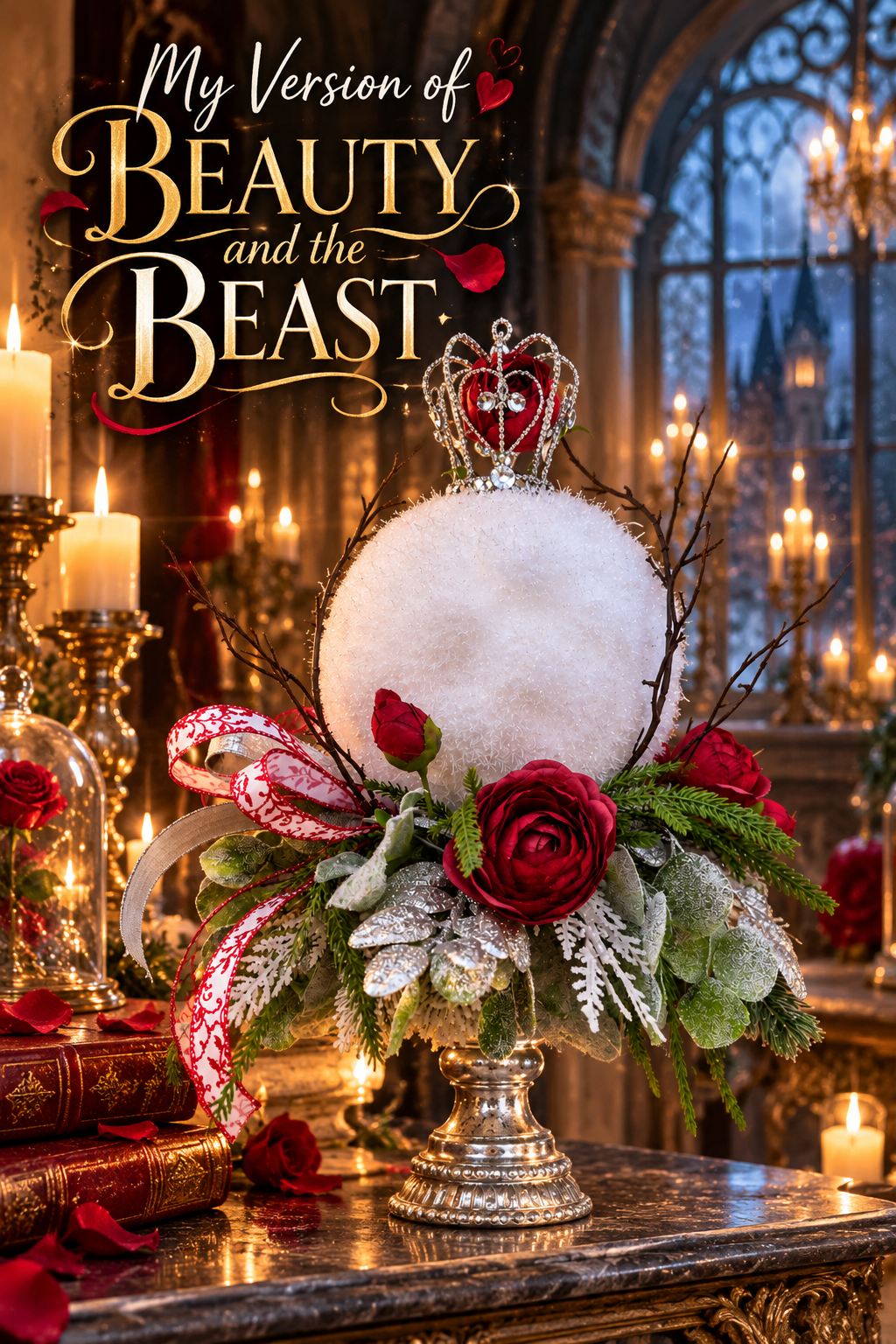 Enchanted Rose Christmas Centerpiece | Beauty and the Beast Inspired Holiday Decor | Disney Inspired Winter Fairytale Arrangement