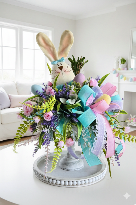 Easter Bunny & Carrot Candlestick Arrangement - Spring Floral Centerpiece