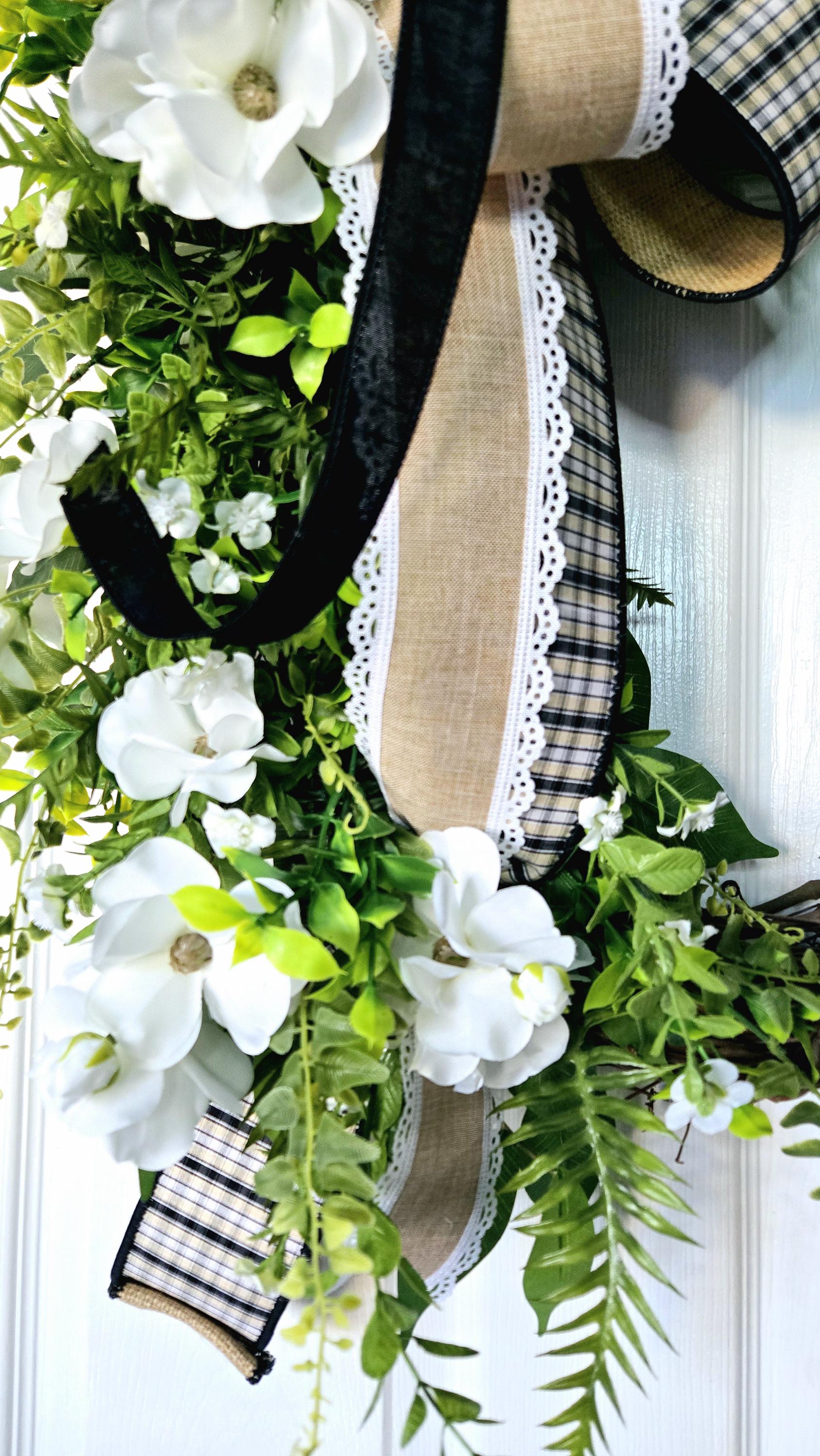 Butterfly Ranunculus Every Day Wreath with Black and Burlap Bow - Farmhouse Style Stuffs n Things by JD