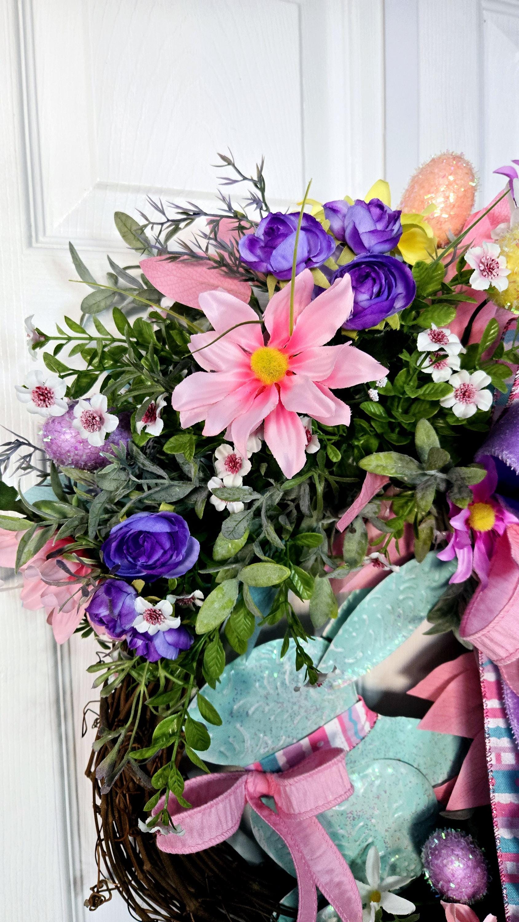 Easter Spring Garden Wreath with Pastel Flowers & Metal Bunny Stuffs n Things by JD