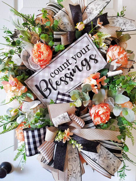 Everyday Peach Peony Buffalo Plaid Front Door Wreath - Farmhouse style Stuffs n Things by JD