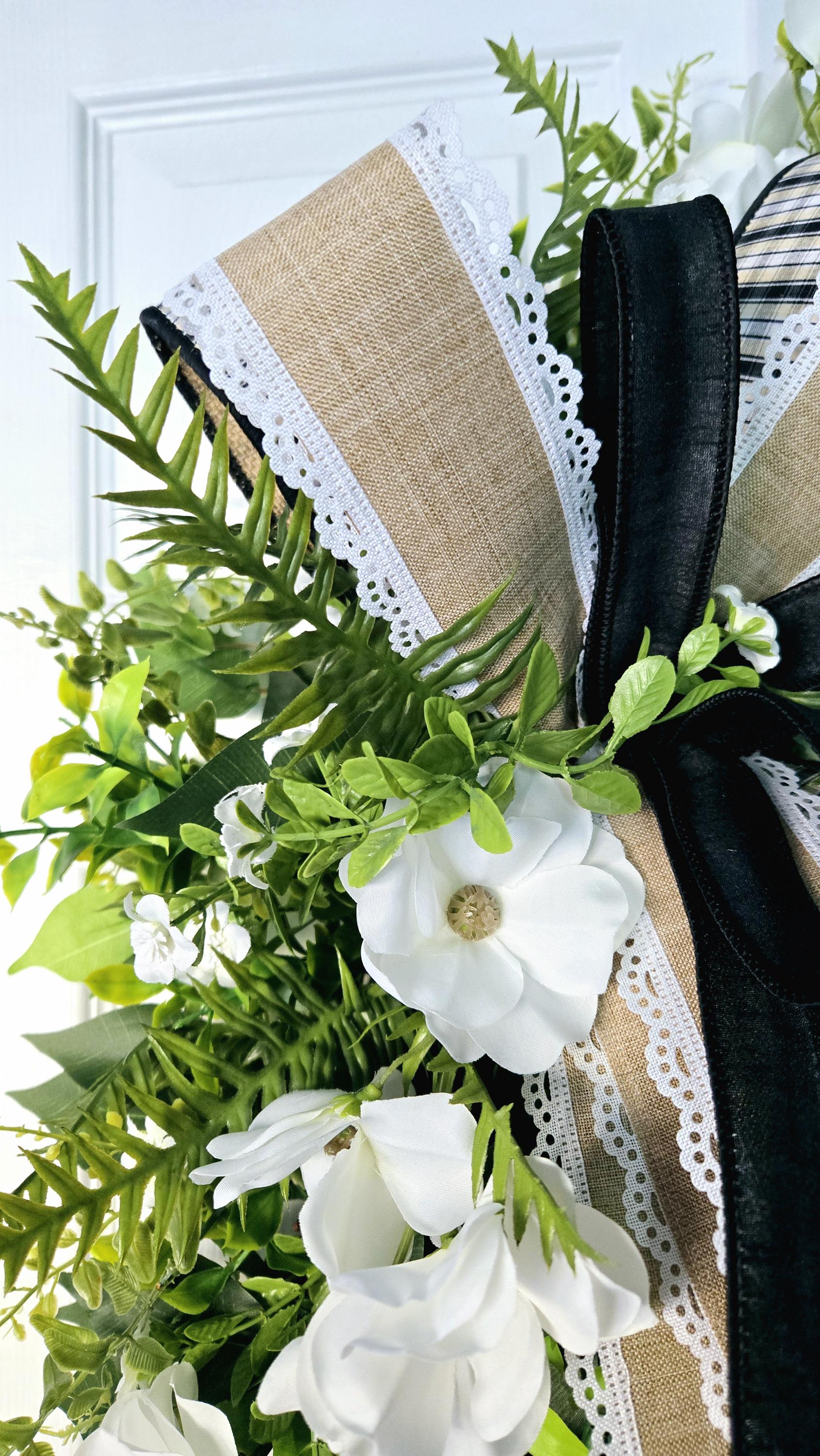 Butterfly Ranunculus Every Day Wreath with Black and Burlap Bow - Farmhouse Style Stuffs n Things by JD