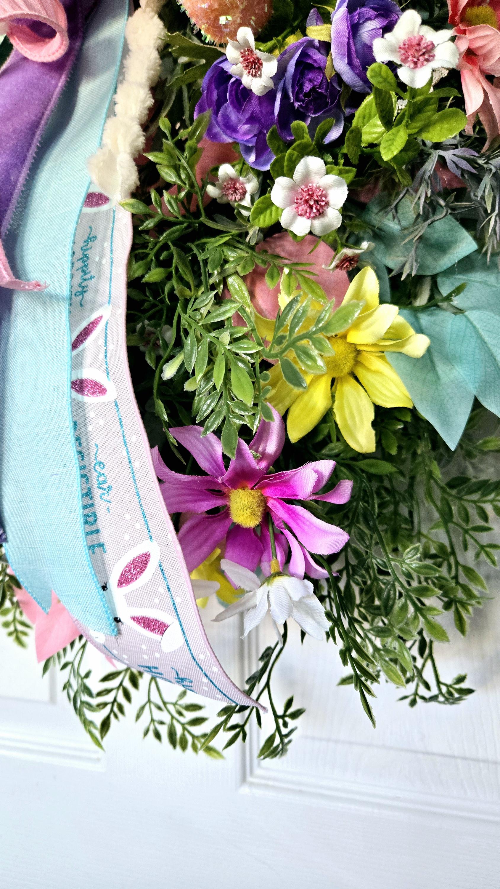 Easter Spring Garden Wreath with Pastel Flowers & Metal Bunny Stuffs n Things by JD