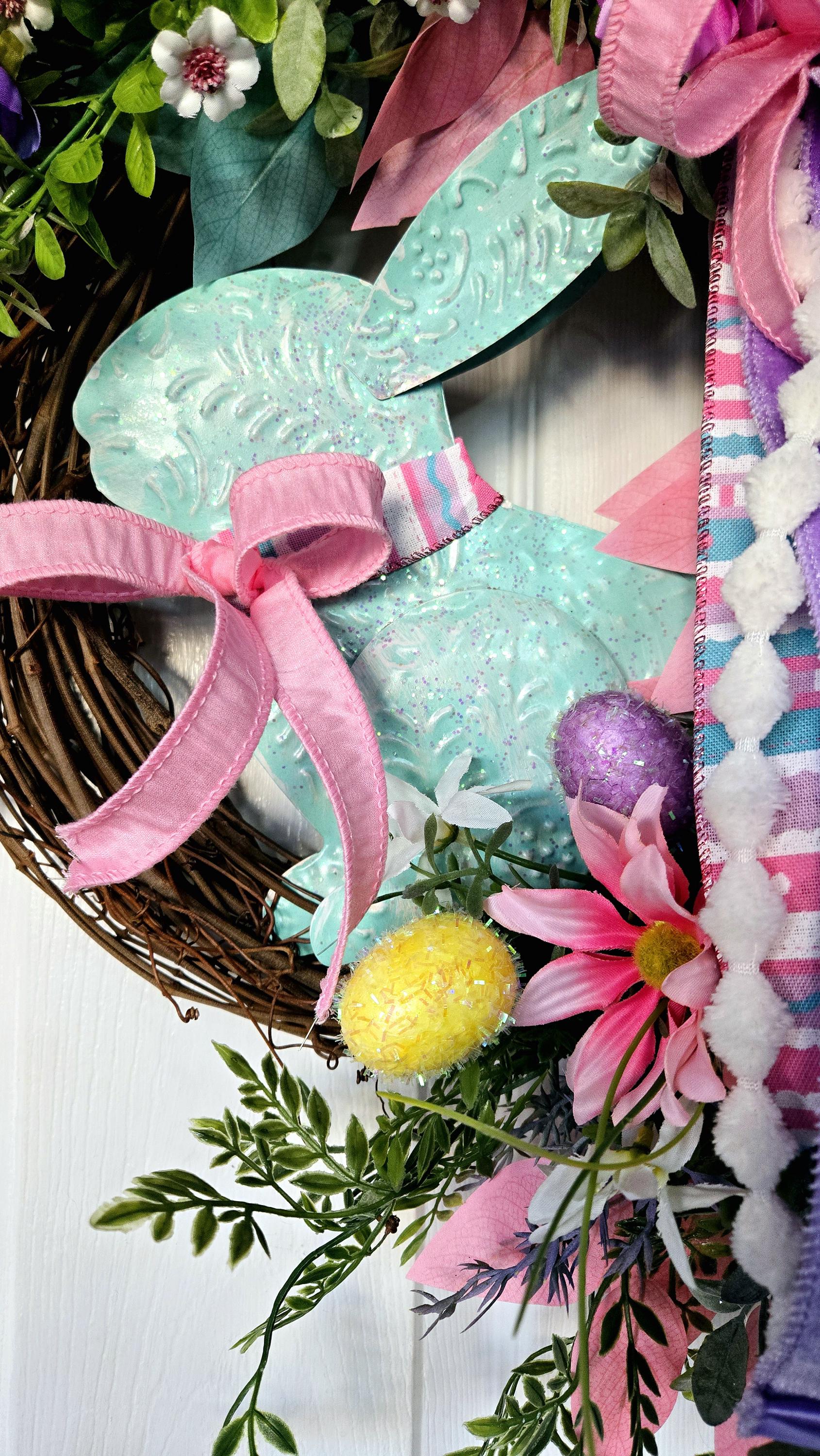 Easter Spring Garden Wreath with Pastel Flowers & Metal Bunny Stuffs n Things by JD