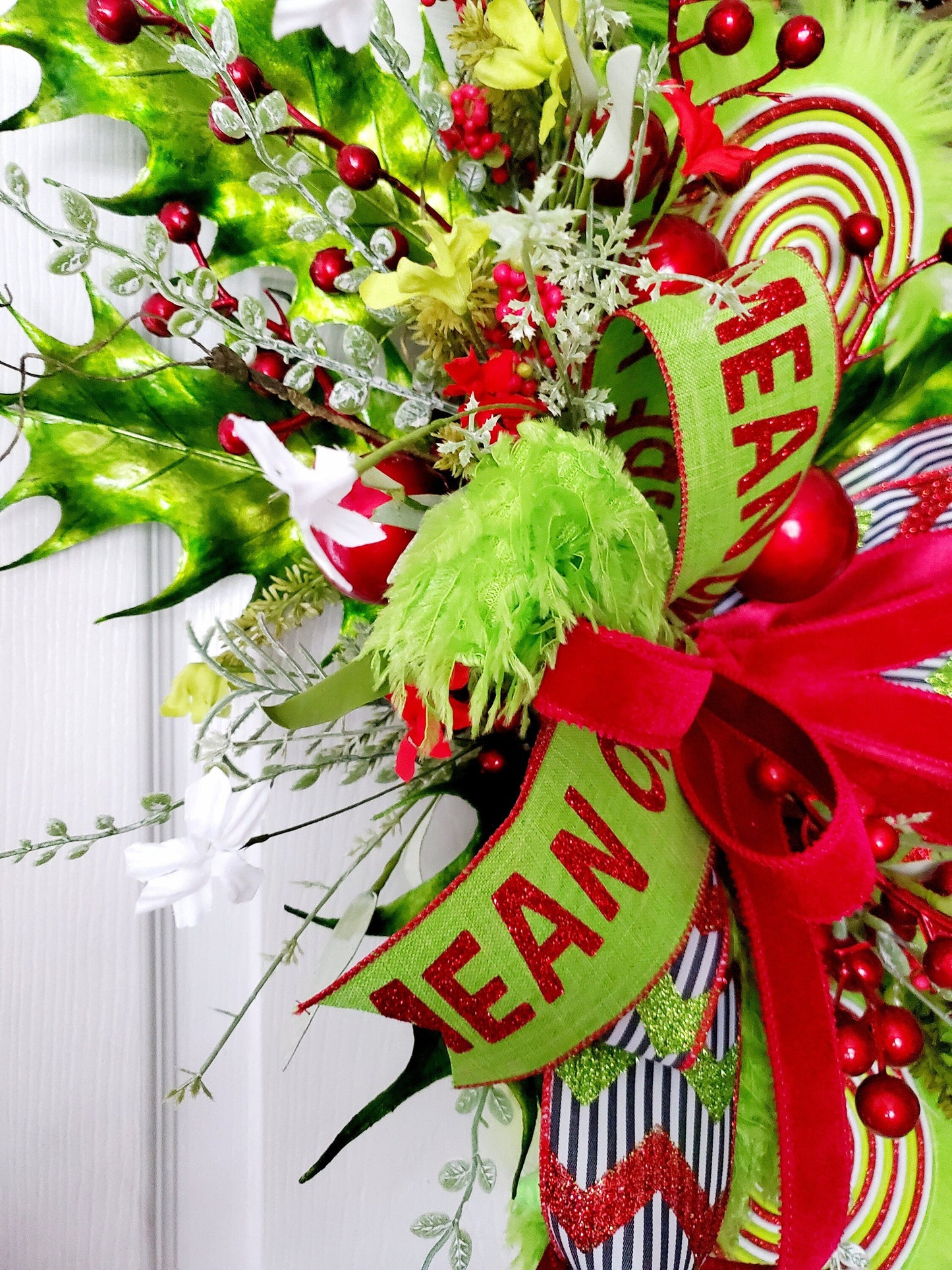 Whimsical Green Monster Style Grapevine Wreath, Red and Lime Green Holiday Hanger with Mean One Ribbon, Whimsical Front Door, Festive Decor My Store