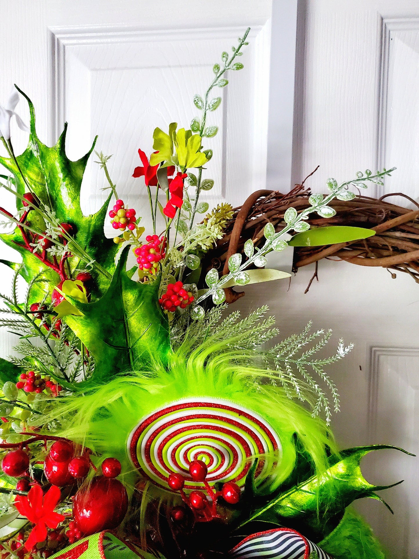 Whimsical Green Monster Style Grapevine Wreath, Red and Lime Green Holiday Hanger with Mean One Ribbon, Whimsical Front Door, Festive Decor My Store