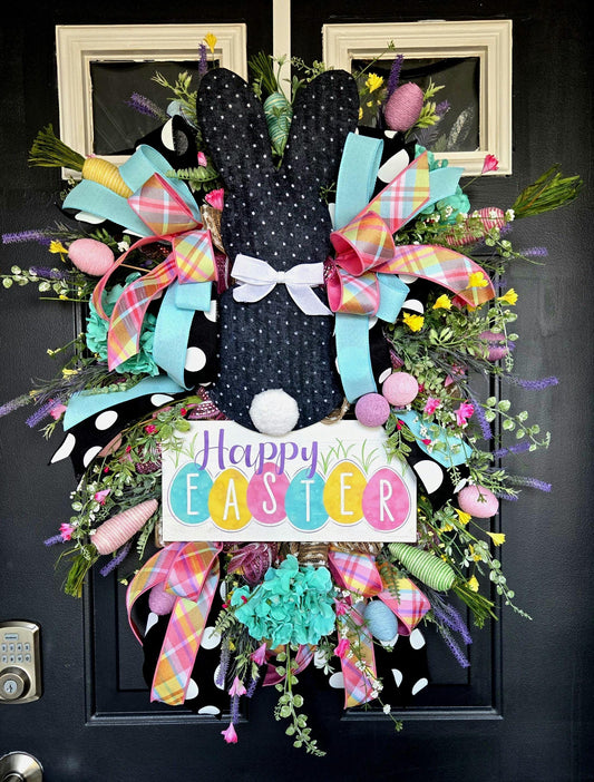Black Dot Easter Bunny Wreath with Bright Happy Easter Sign & Carrots Stuffs n Things by JD