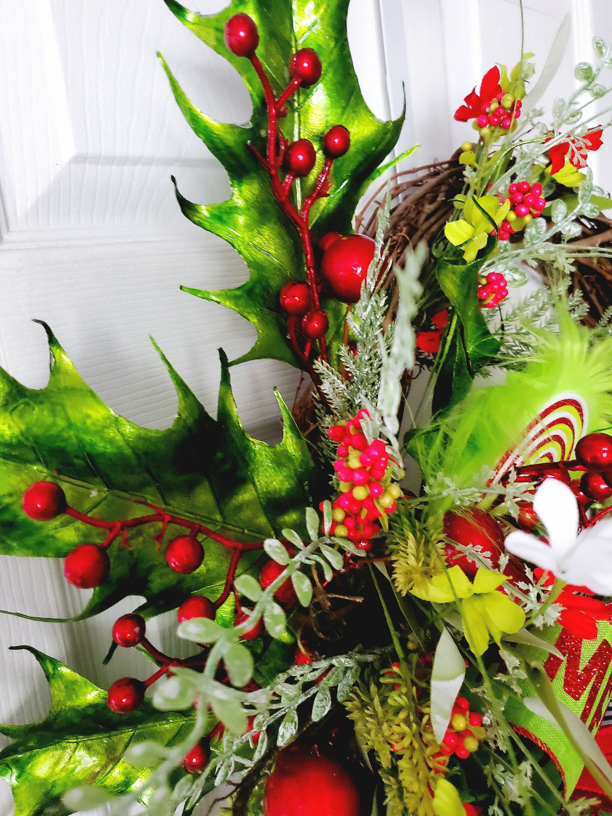 Whimsical Green Monster Style Grapevine Wreath, Red and Lime Green Holiday Hanger with Mean One Ribbon, Whimsical Front Door, Festive Decor My Store