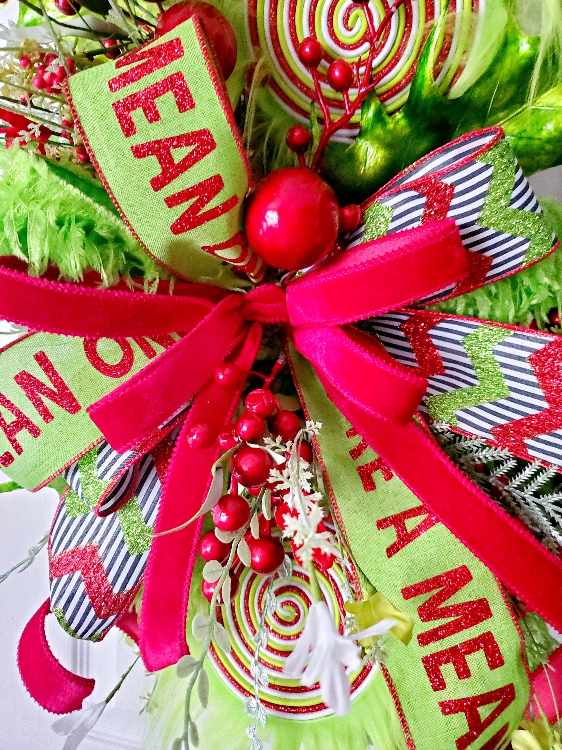 Whimsical Green Monster Style Grapevine Wreath, Red and Lime Green Holiday Hanger with Mean One Ribbon, Whimsical Front Door, Festive Decor My Store