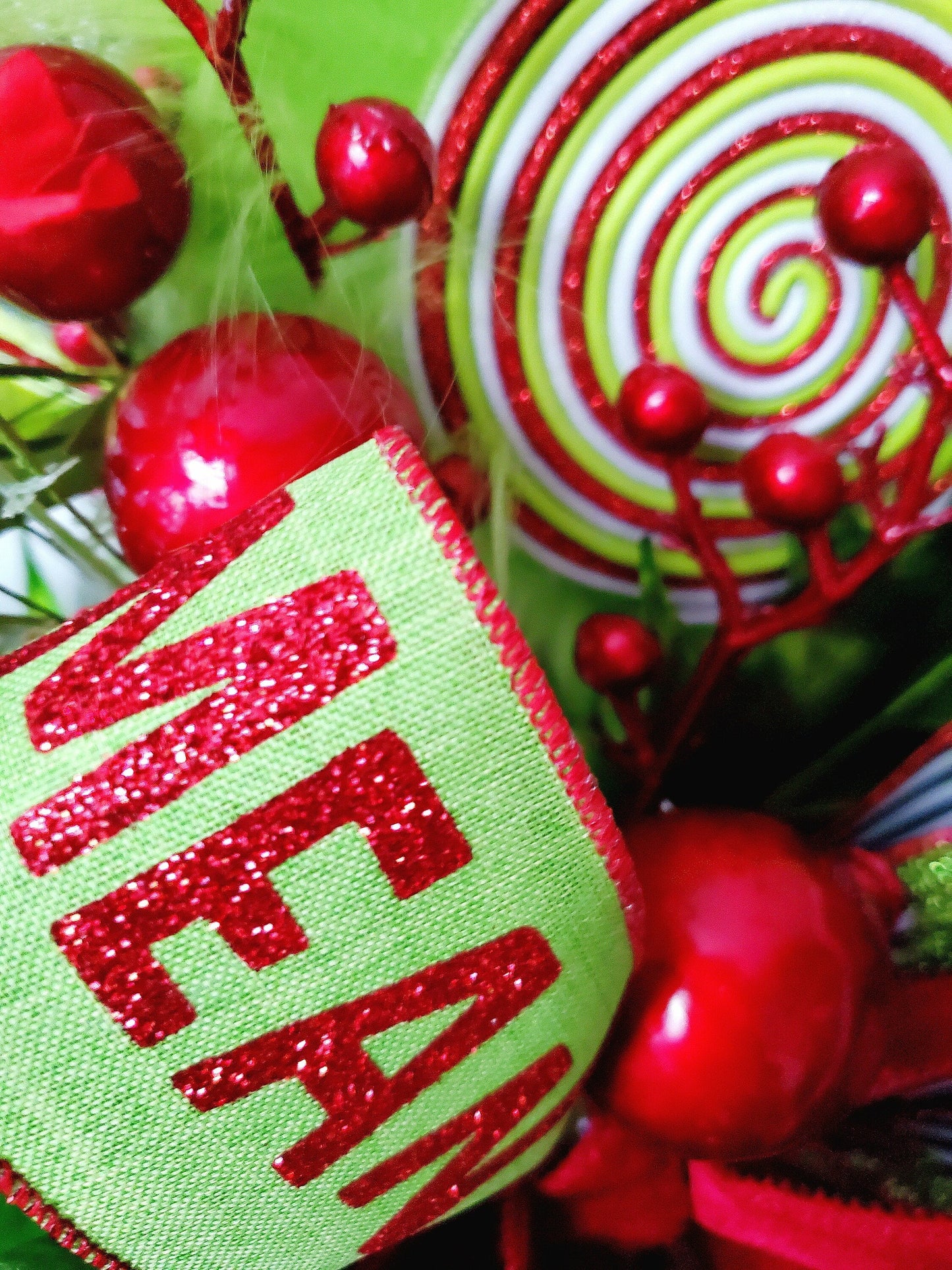 Whimsical Green Monster Style Grapevine Wreath, Red and Lime Green Holiday Hanger with Mean One Ribbon, Whimsical Front Door, Festive Decor My Store