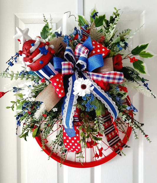 Patriotic Bicycle Wheel Rim Front Door Wreath Stuffs n Things by JD