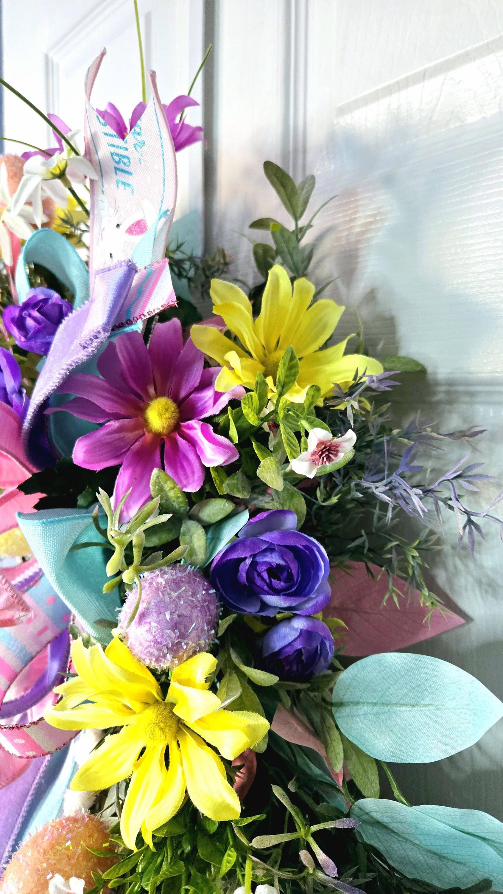 Easter Spring Garden Wreath with Pastel Flowers & Metal Bunny Stuffs n Things by JD