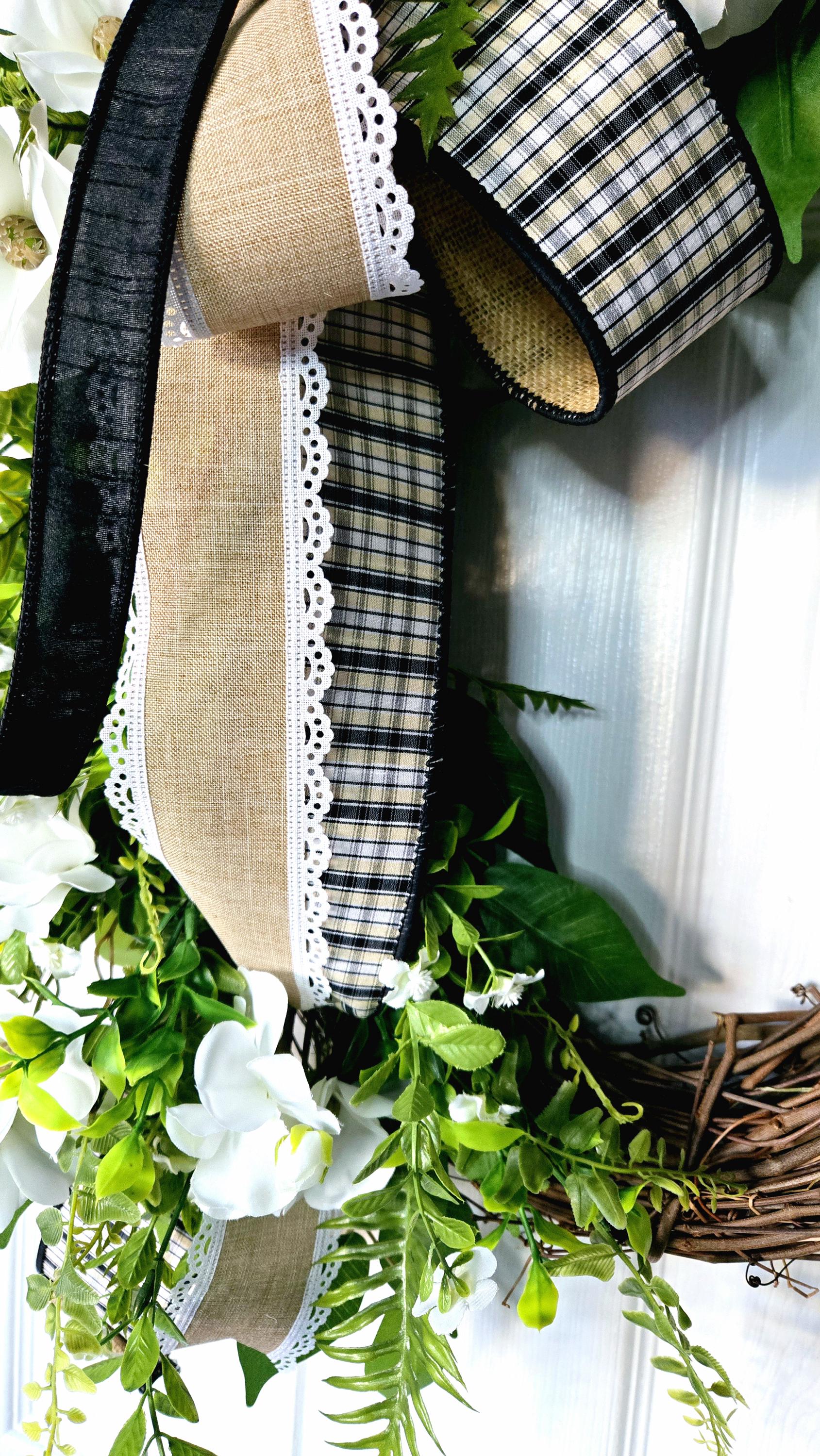 Butterfly Ranunculus Every Day Wreath with Black and Burlap Bow - Farmhouse Style Stuffs n Things by JD