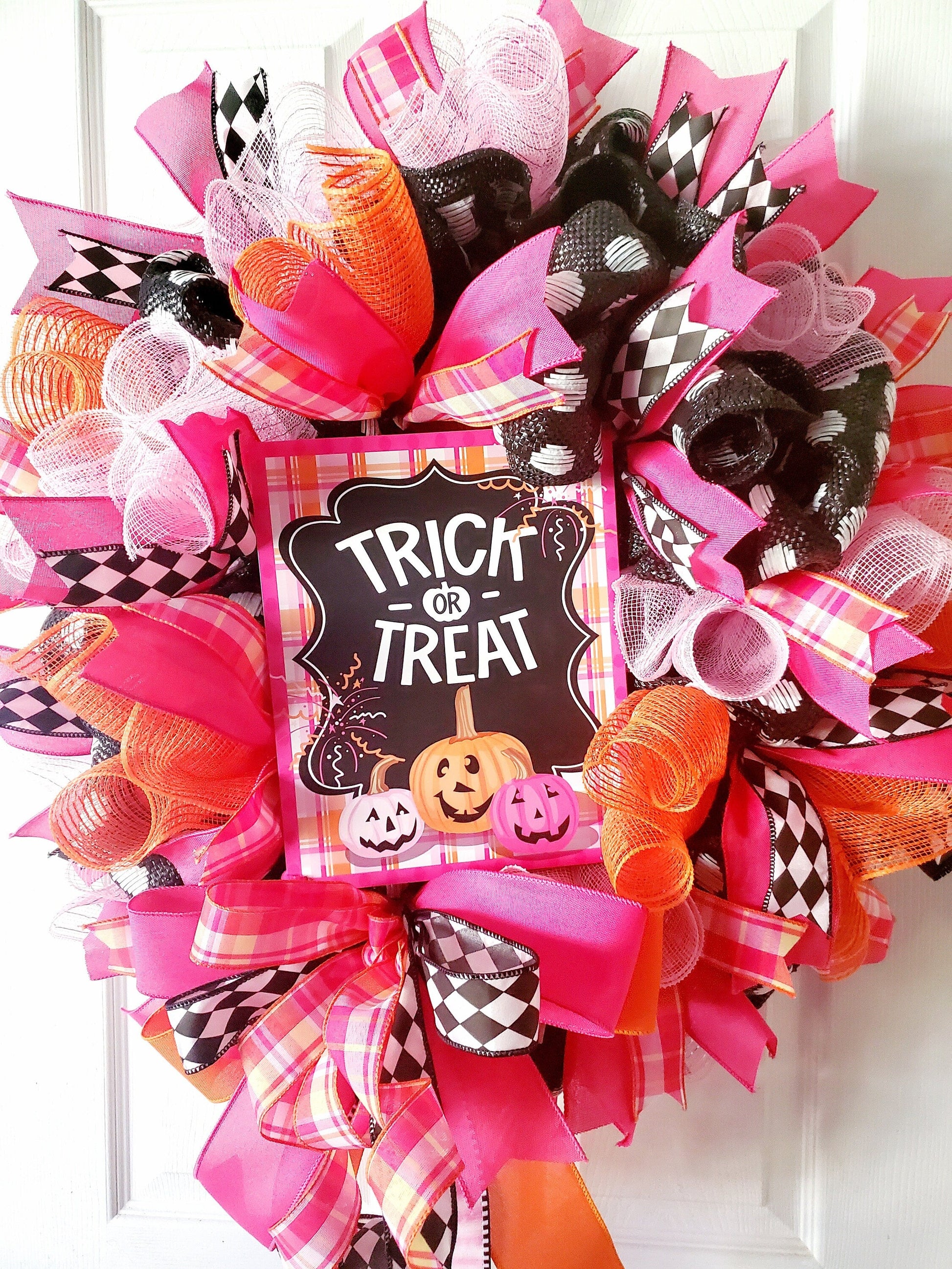 Pink and Orange Halloween Front Door Wreath Stuffs n Things by JD