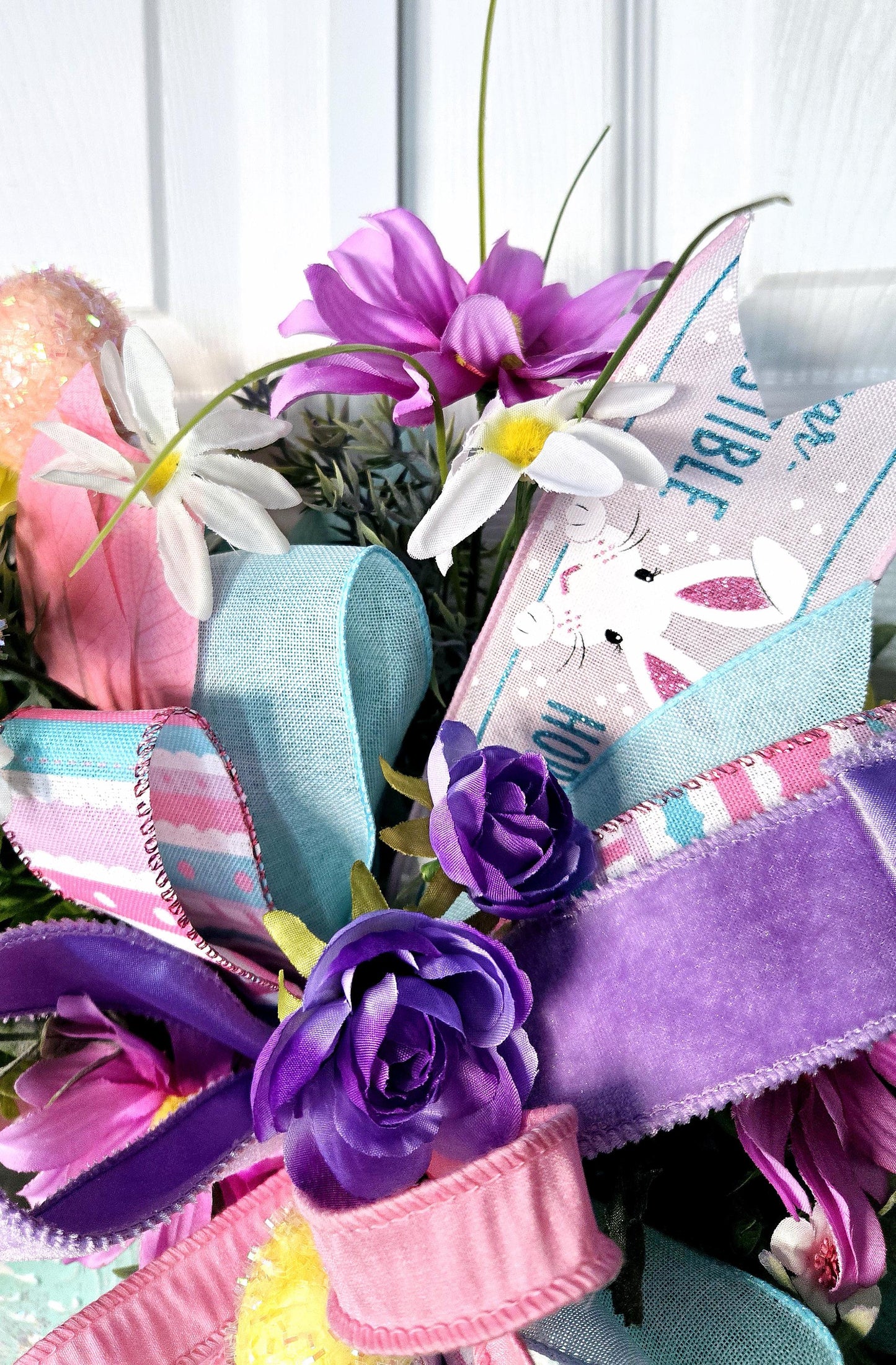 Easter Spring Garden Wreath with Pastel Flowers & Metal Bunny Stuffs n Things by JD