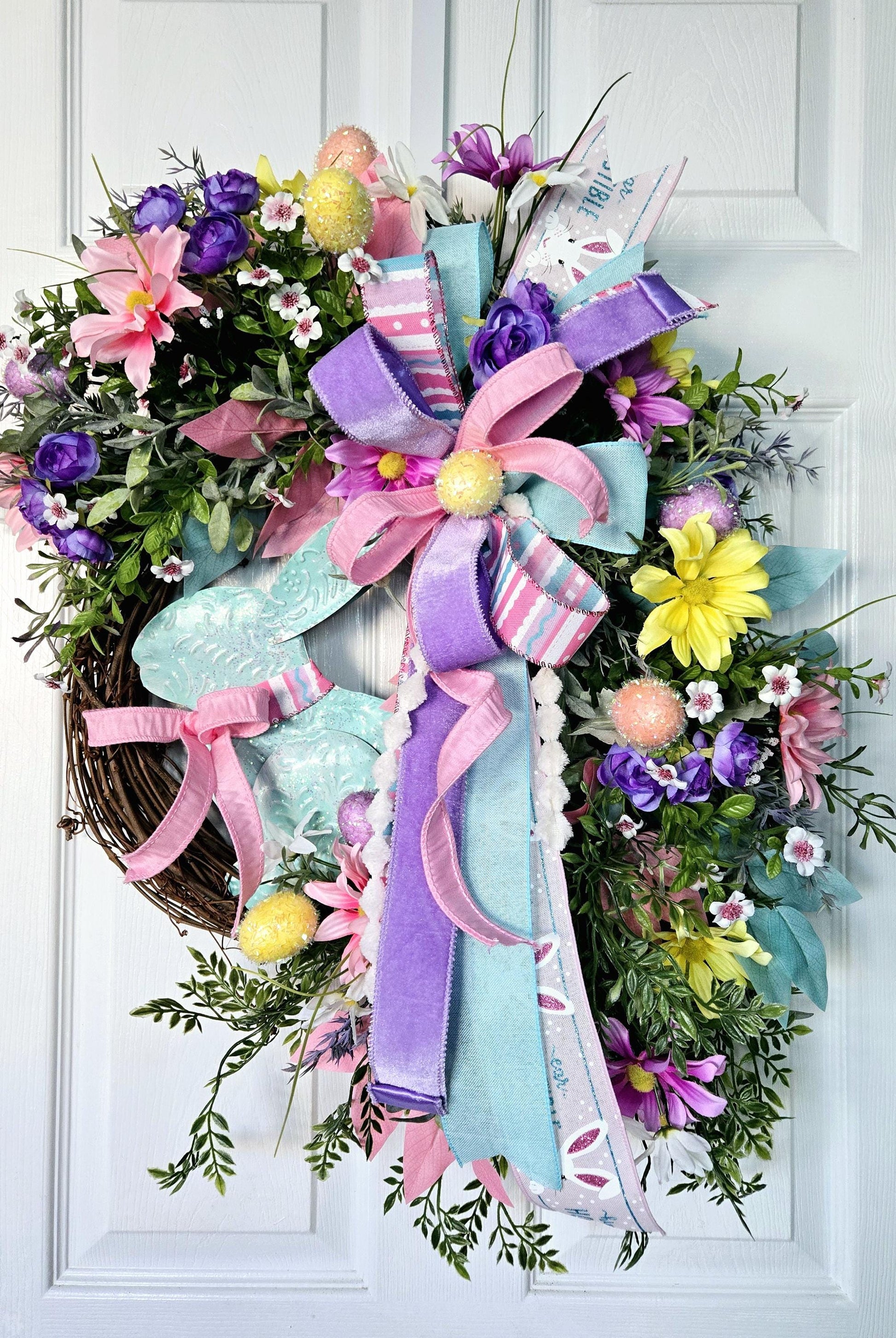 Easter Spring Garden Wreath with Pastel Flowers & Metal Bunny Stuffs n Things by JD