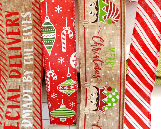 Christmas Special Delivery Elf Ribbon Bundle, Burlap Holiday Ribbons, Holiday Wreath Ribbon Supply Kits My Store