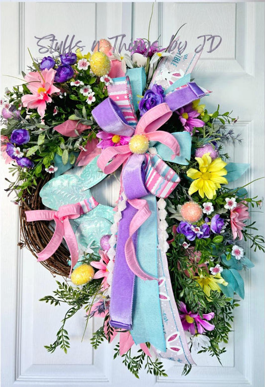 Easter Spring Garden Wreath with Pastel Flowers & Metal Bunny Stuffs n Things by JD