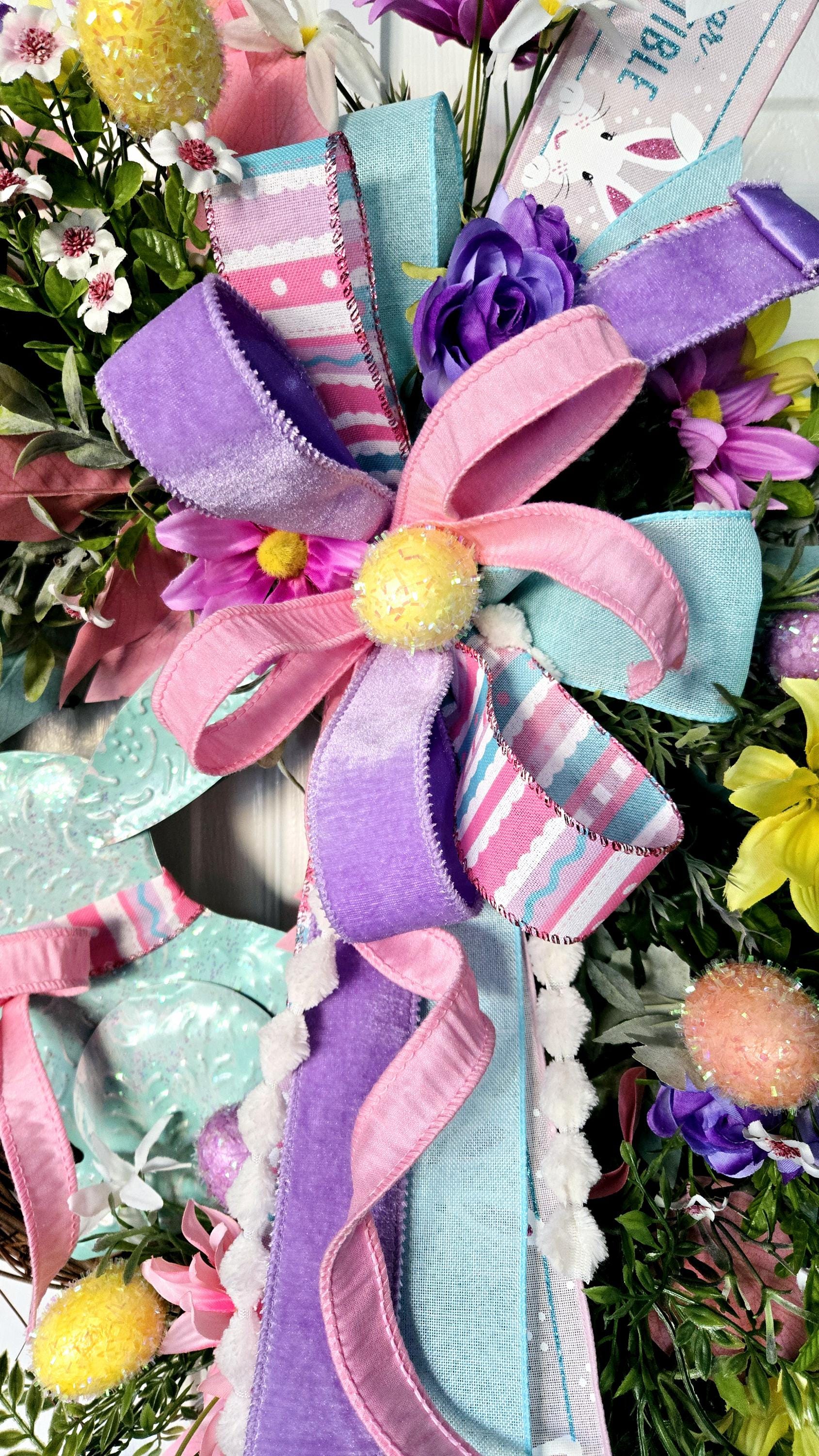 Easter Spring Garden Wreath with Pastel Flowers & Metal Bunny Stuffs n Things by JD