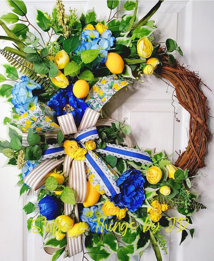 Lemon Yellow and Blue Floral Front Door Wreath for Spring or Summer Stuffs n Things by JD