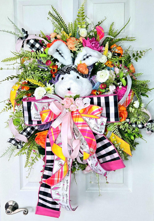 Buffalo Plaid Pink & Orange Spring Easter Bunny Wreath Stuffs n Things by JD