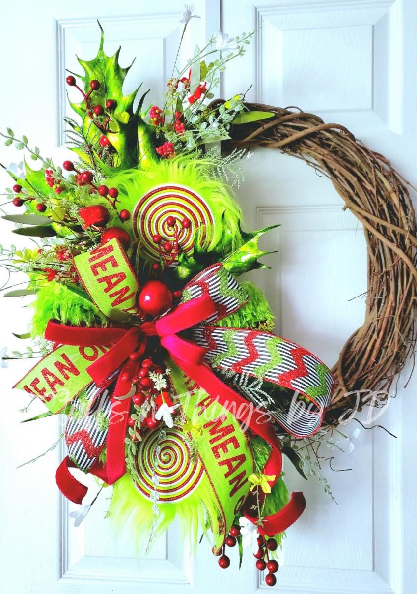 Whimsical Green Monster Style Grapevine Wreath, Red and Lime Green Holiday Hanger with Mean One Ribbon, Whimsical Front Door, Festive Decor My Store