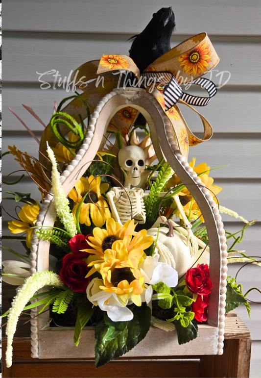 Lantern Arrangement – Halloween Fall Décor with Rustic Lantern, Sunflowers, Skeleton & Raven Accent