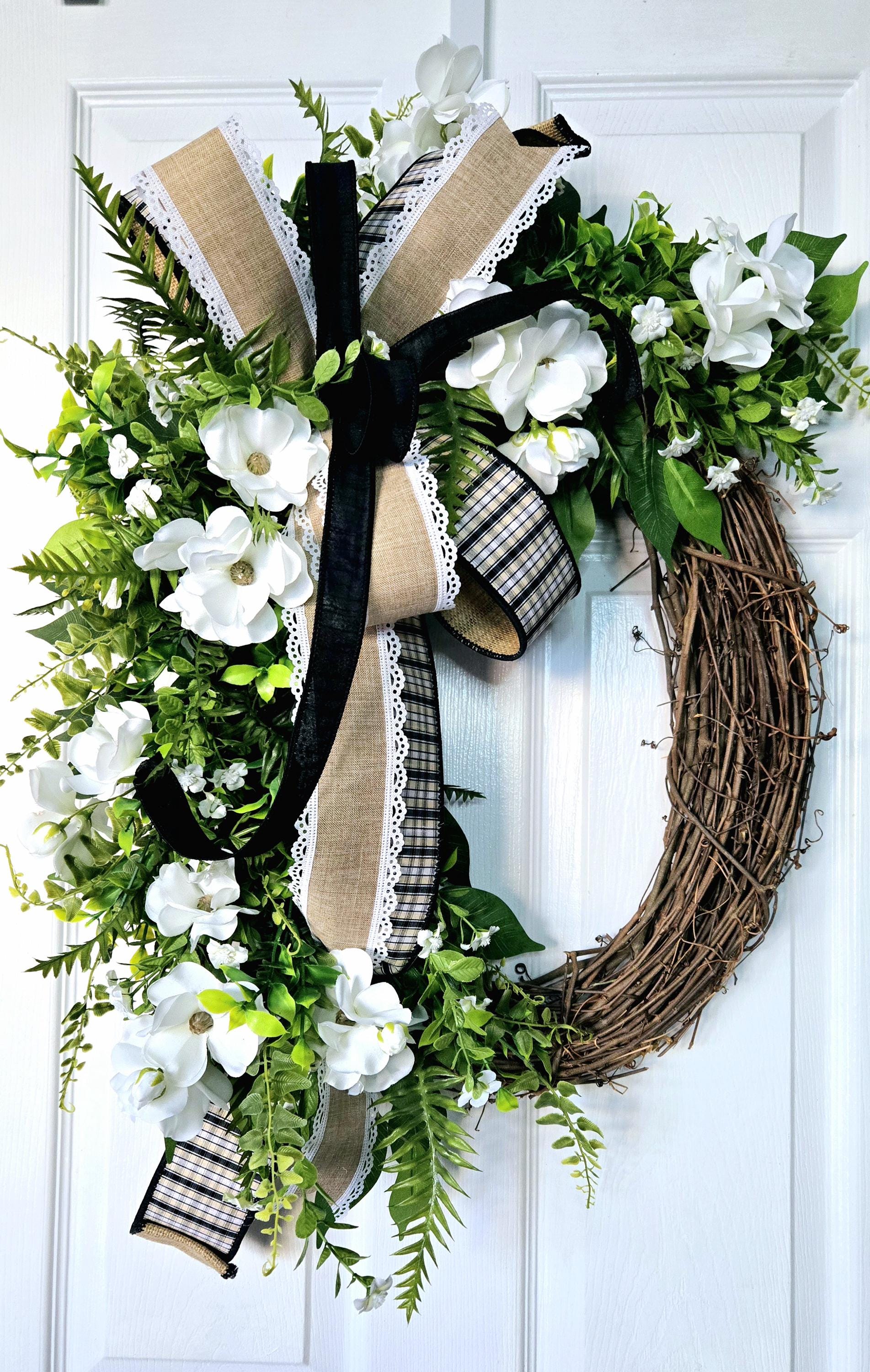 Butterfly Ranunculus Every Day Wreath with Black and Burlap Bow - Farmhouse Style Stuffs n Things by JD