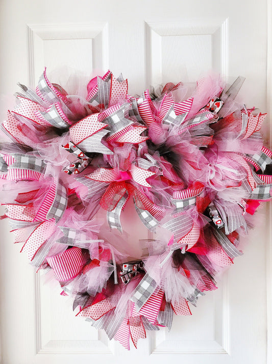 Valentines Wreath, Pink Heart Wreath, Valentine's Day Gift, Tulle Ribbon Decor, Front Door Hanger, Handmade Love Wreath, Gift for Mom My Store