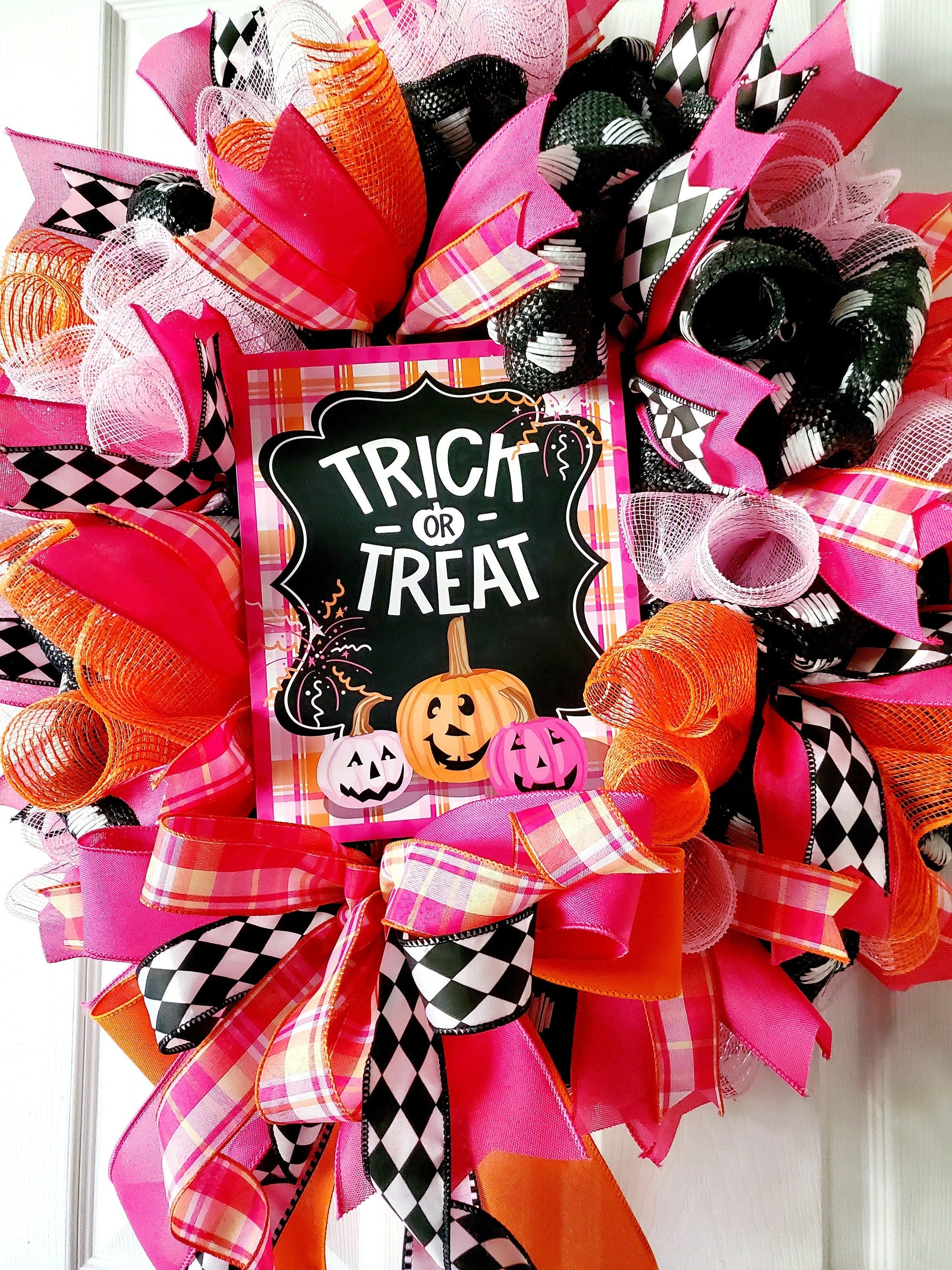 Pink and Orange Halloween Front Door Wreath Stuffs n Things by JD