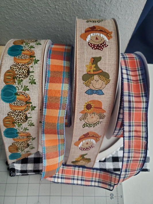 Fall Cheetah, Pumpkin & Scarecrow Plaid Ribbon Bundle Kits Stuffs n Things by JD