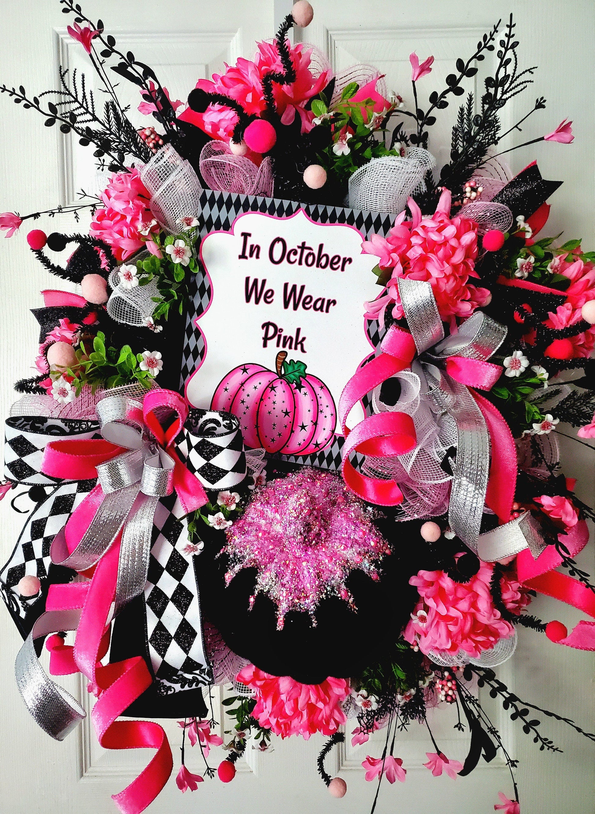 Pumpkin October Pink Awareness Front Door Wreath Stuffs n Things by JD