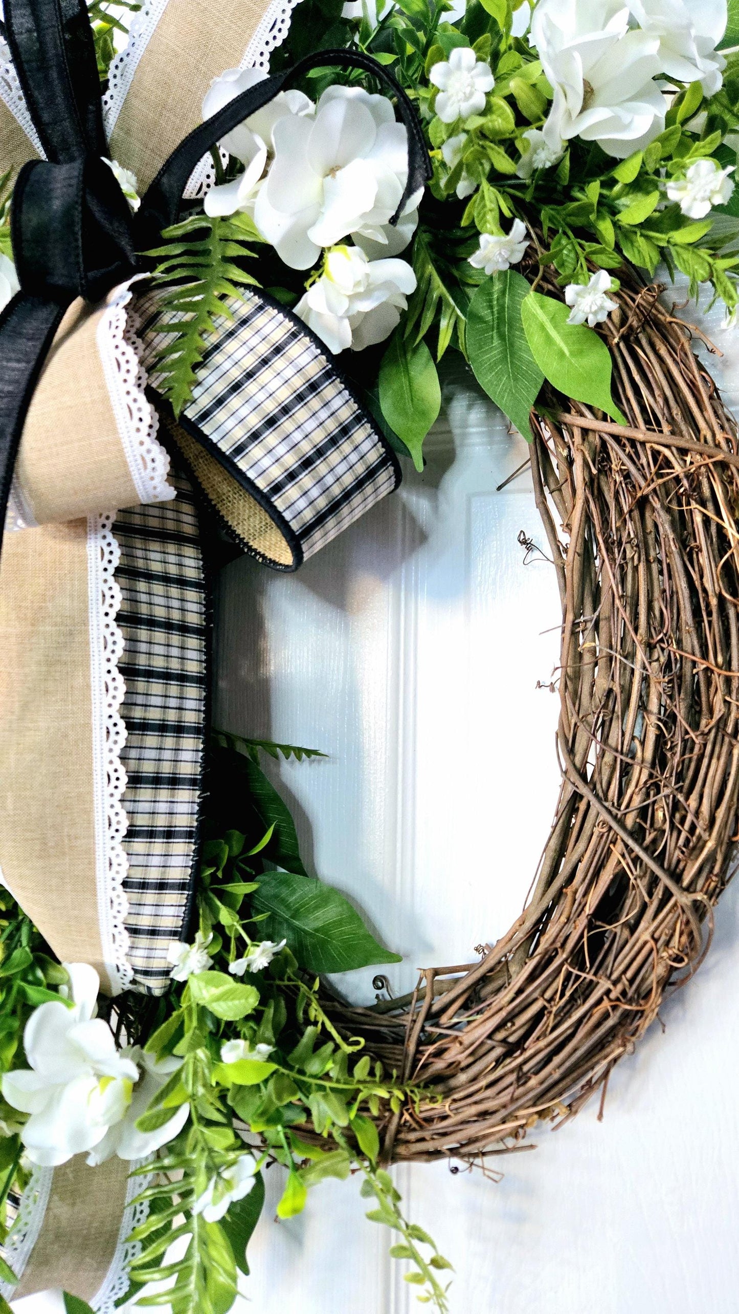 Butterfly Ranunculus Every Day Wreath with Black and Burlap Bow - Farmhouse Style Stuffs n Things by JD