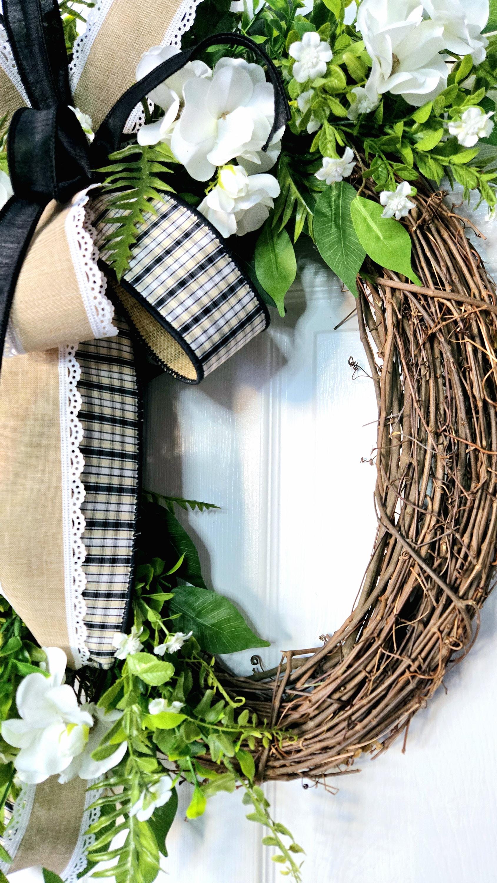 Butterfly Ranunculus Every Day Wreath with Black and Burlap Bow - Farmhouse Style Stuffs n Things by JD