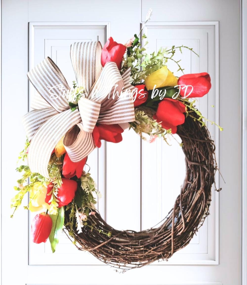 Every Day Red and Yellow Tulip Front Door Wreath Stuffs n Things by JD