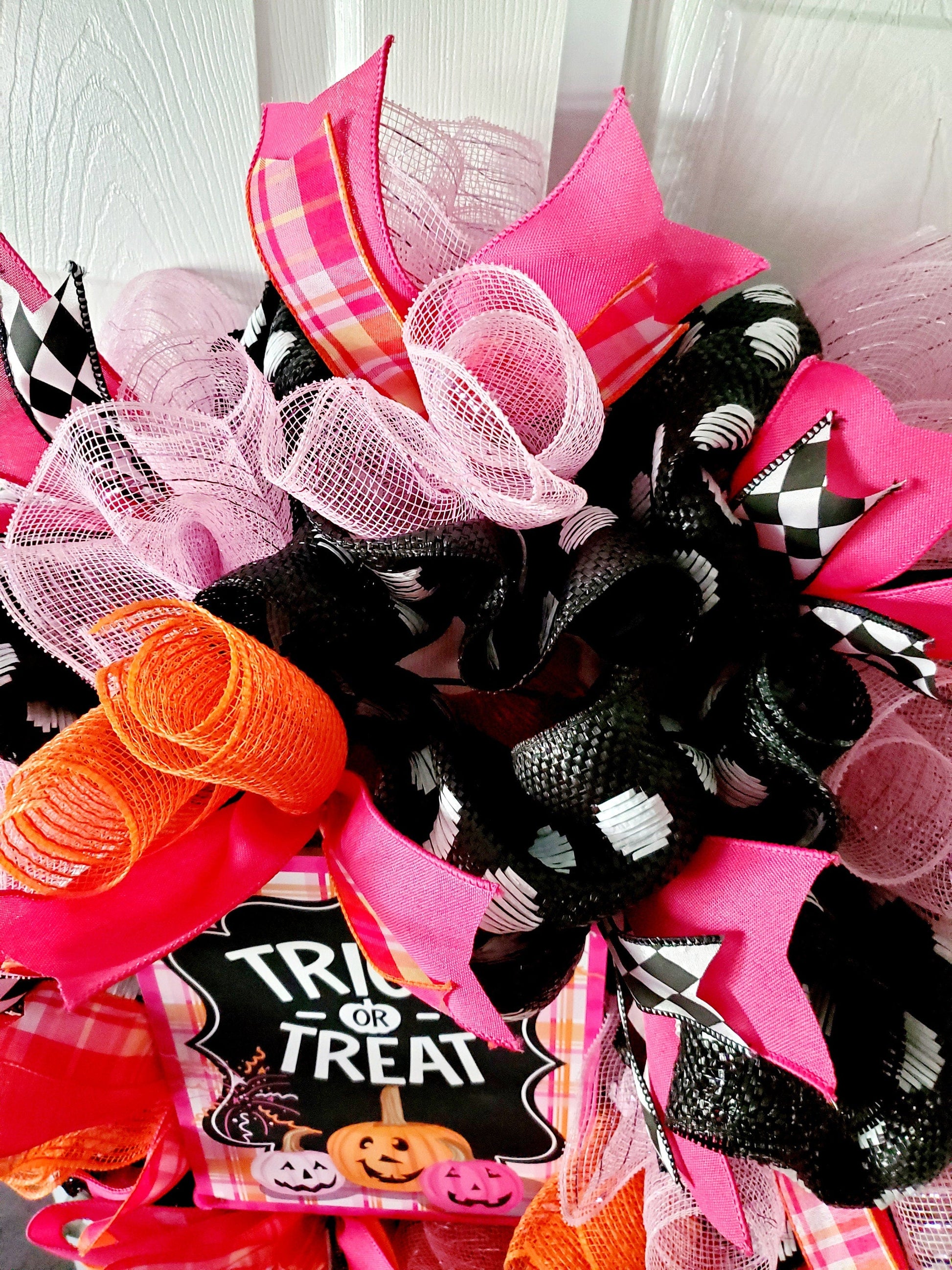 Pink and Orange Halloween Front Door Wreath Stuffs n Things by JD