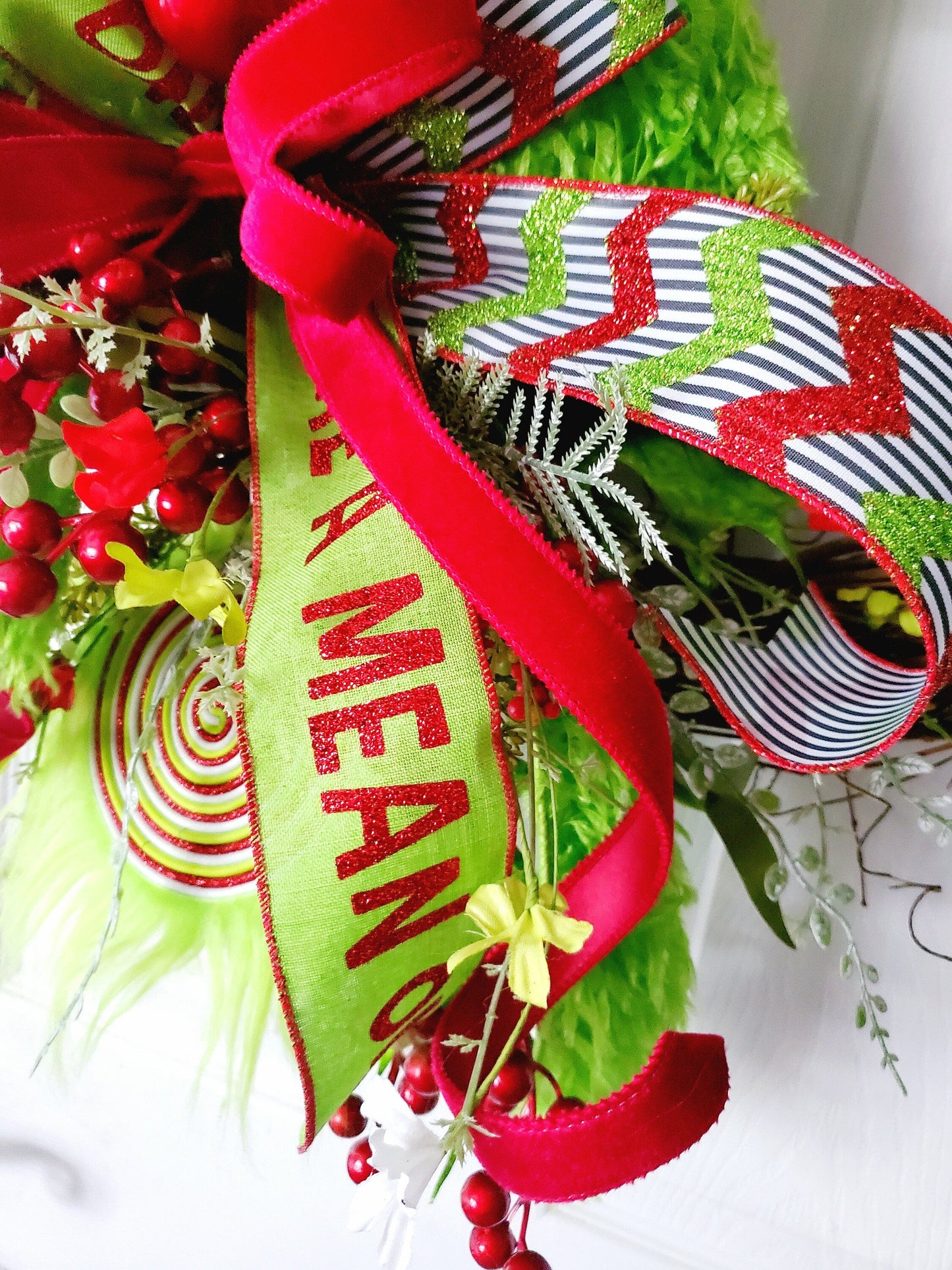 Whimsical Green Monster Style Grapevine Wreath, Red and Lime Green Holiday Hanger with Mean One Ribbon, Whimsical Front Door, Festive Decor My Store