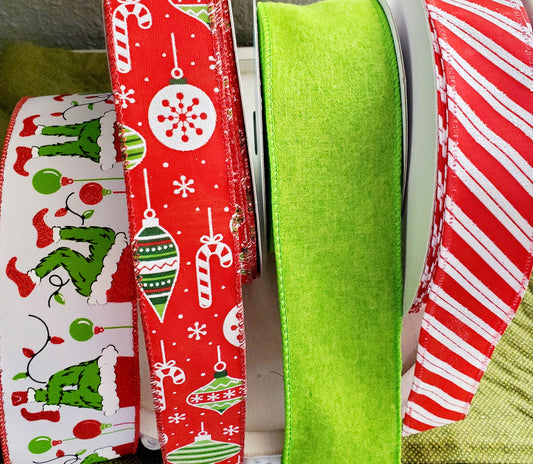Green Monster Christmas Ribbon Bundle, Red Green Holiday Ribbons, Green Monster Bulb Ornament Ribbon Wreath Supply Kits Stuffs n Things by JD