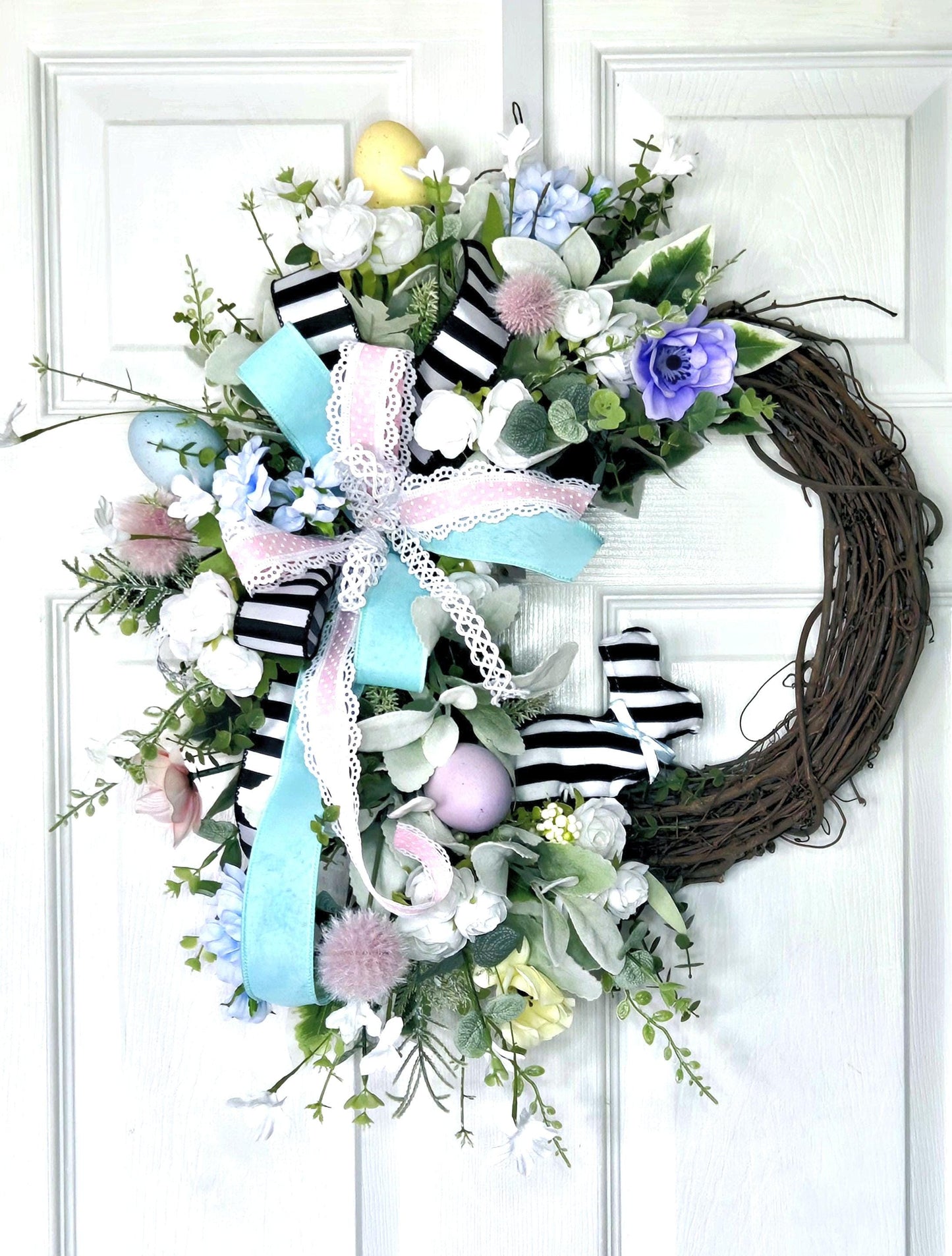 Easter Spring Wreath with Pastel Flowers & Bunny Stuffs n Things by JD