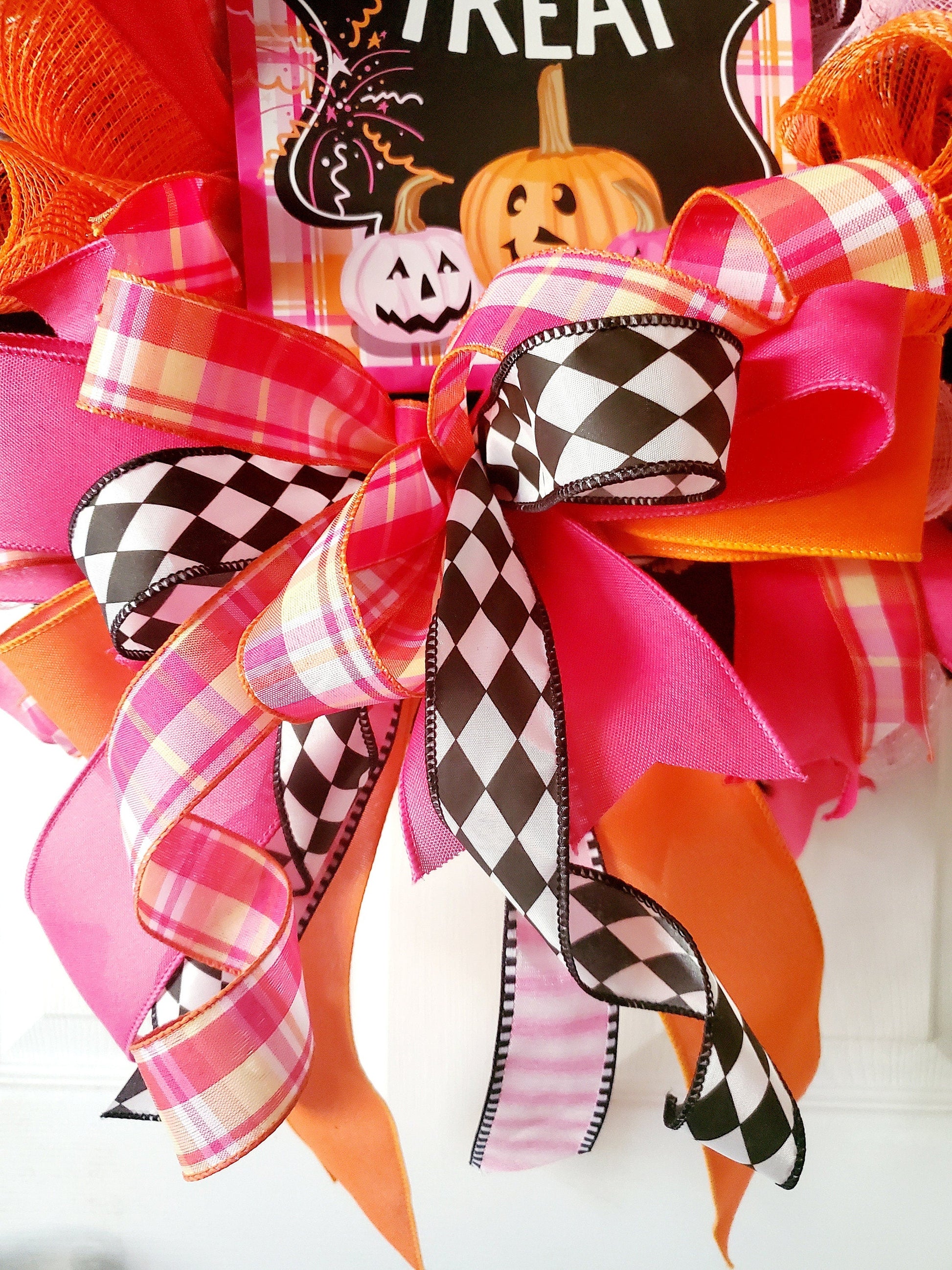Pink and Orange Halloween Front Door Wreath Stuffs n Things by JD